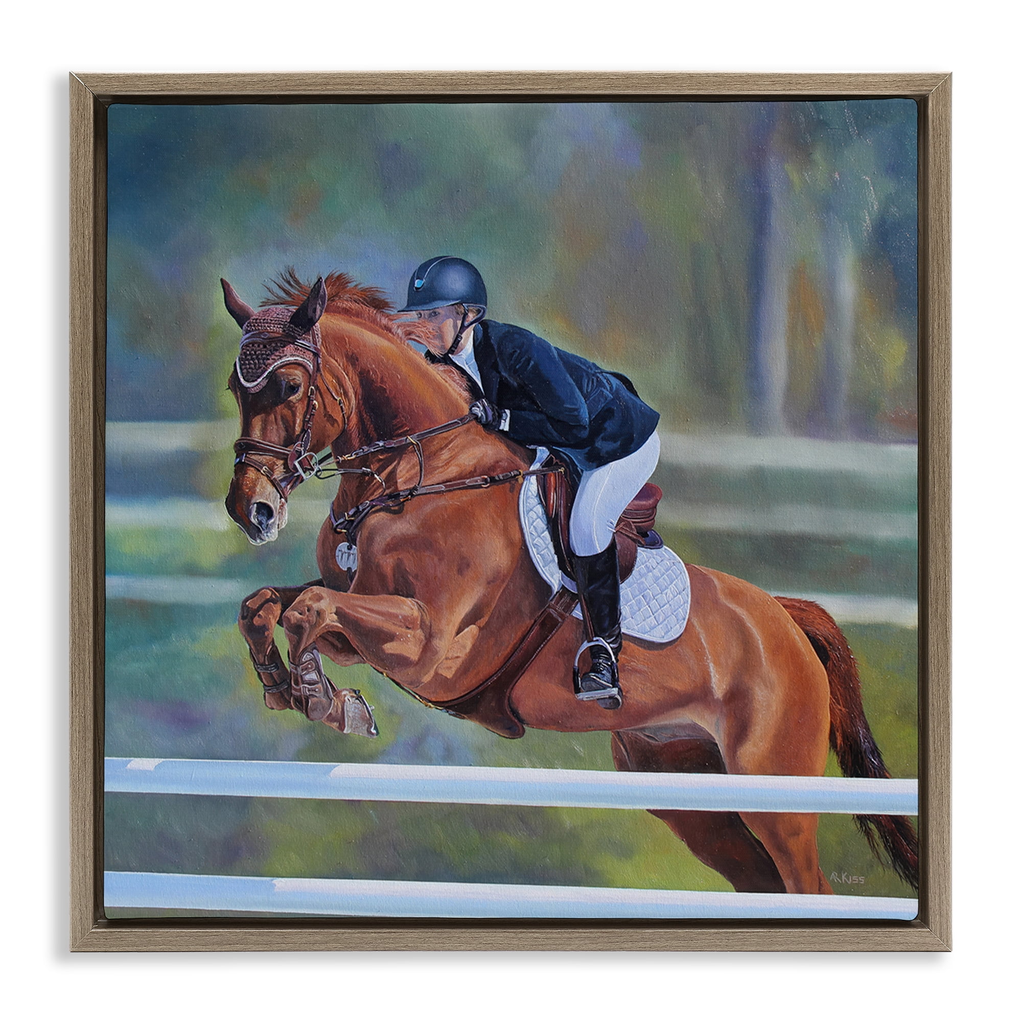 Stupell Industries Jockey Jumping Hurdles Sports Painting Brown Floater Framed Canvas Art Print Wall Art, 25 x 25