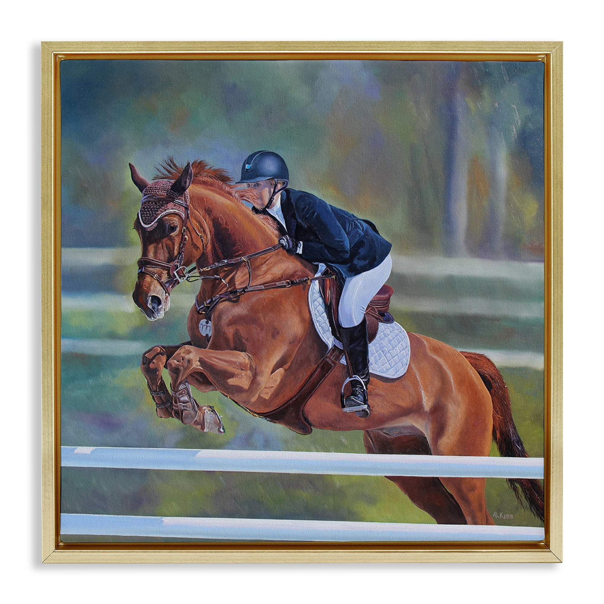 Stupell Industries Jockey Jumping Hurdles Sports Painting Gold Floater Framed Canvas Art Print Wall Art, 18 x 18