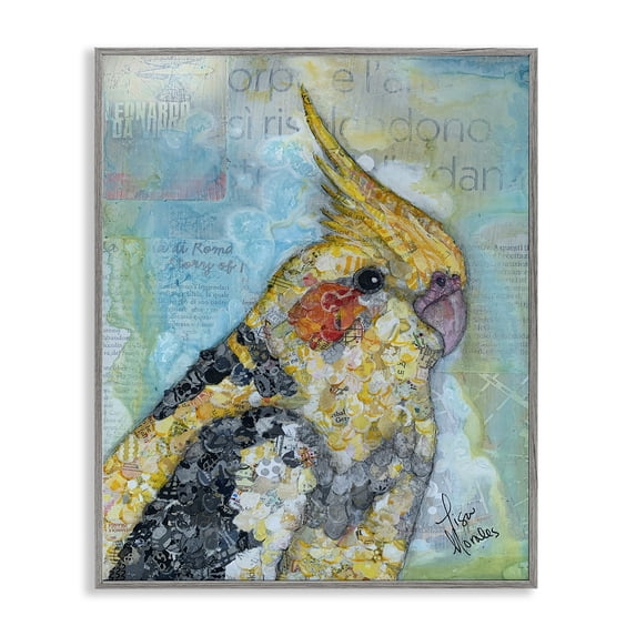 Stupell Industries Eclectic Jolly Cockatiel Bird Assorted Layered Animal Collage Gray Framed Giclee Art, 24 x 30, by Lisa Morales