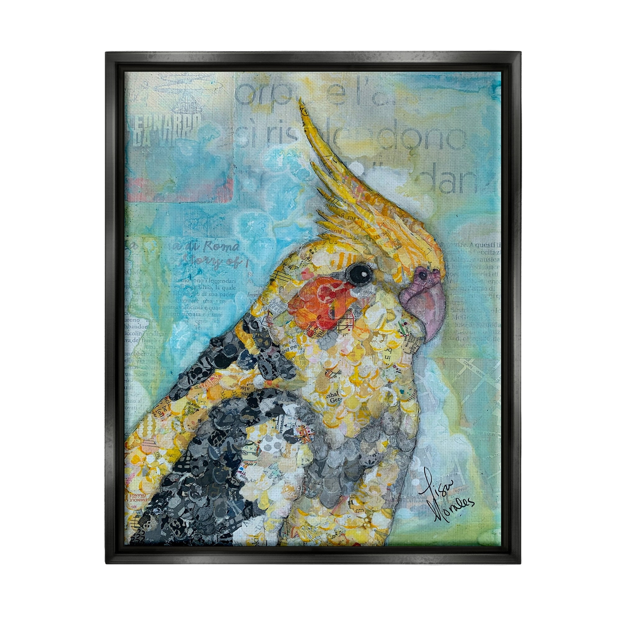 Stupell Industries Jolly Cockatiel Bird Assorted Layered Animal Collage Painting Jet Black Floating Framed Canvas Print Wall Art, Design by Lisa Morales