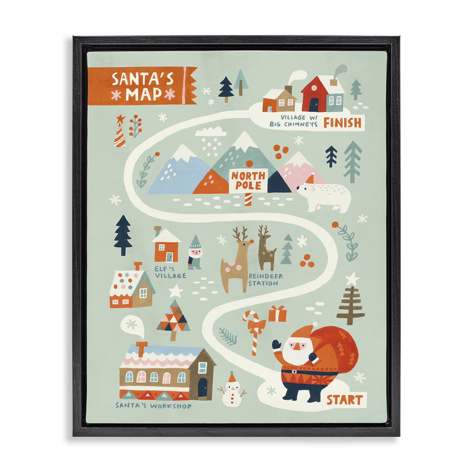 Stupell Industries Jolly Map Of North Pole Holiday Painting Black Floater Framed Canvas Art Prints Wall Art, 17 x 21