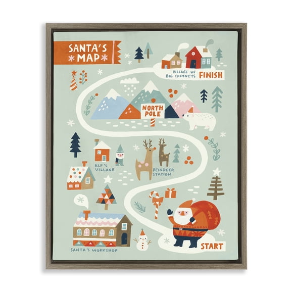 Stupell Industries Jolly Map Of North Pole Holiday Painting Brown Floater Framed Canvas Art Prints Wall Art, 17 x 21