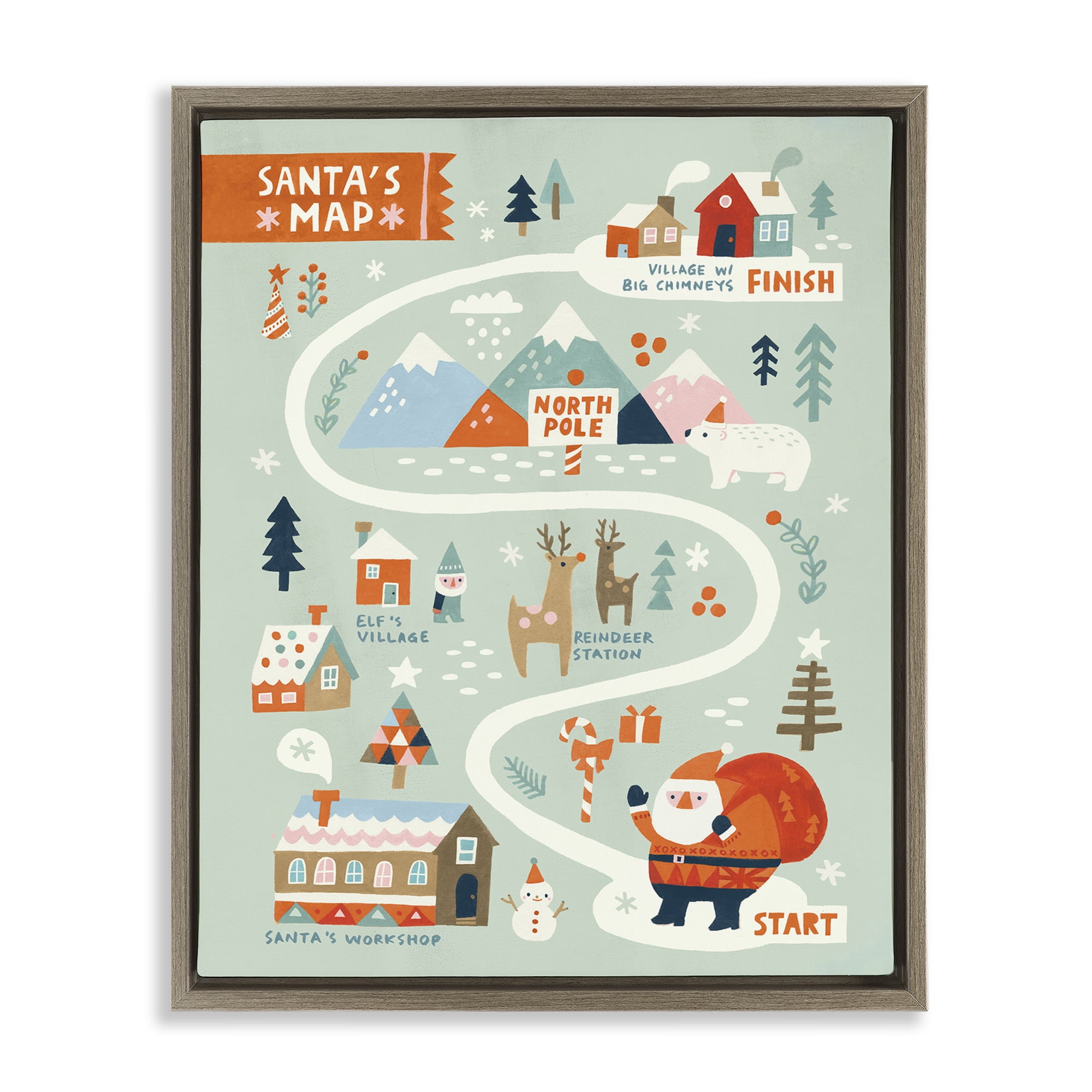 Stupell Industries Jolly Map Of North Pole Holiday Painting Brown Floater Framed Canvas Art Prints Wall Art, 25 x 31