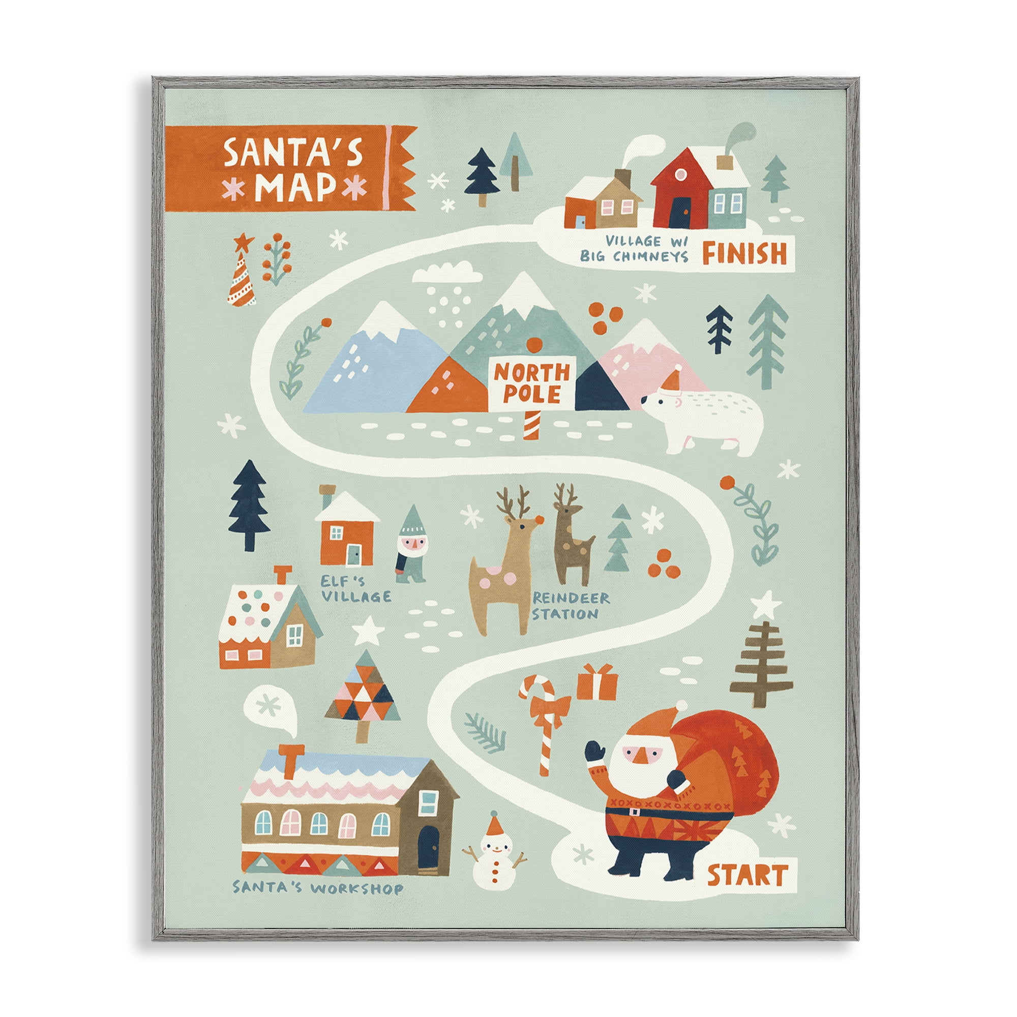 Stupell Industries Jolly Map Of North Pole Holiday Painting Gray Framed Art Prints Wall Art, 16 x 20