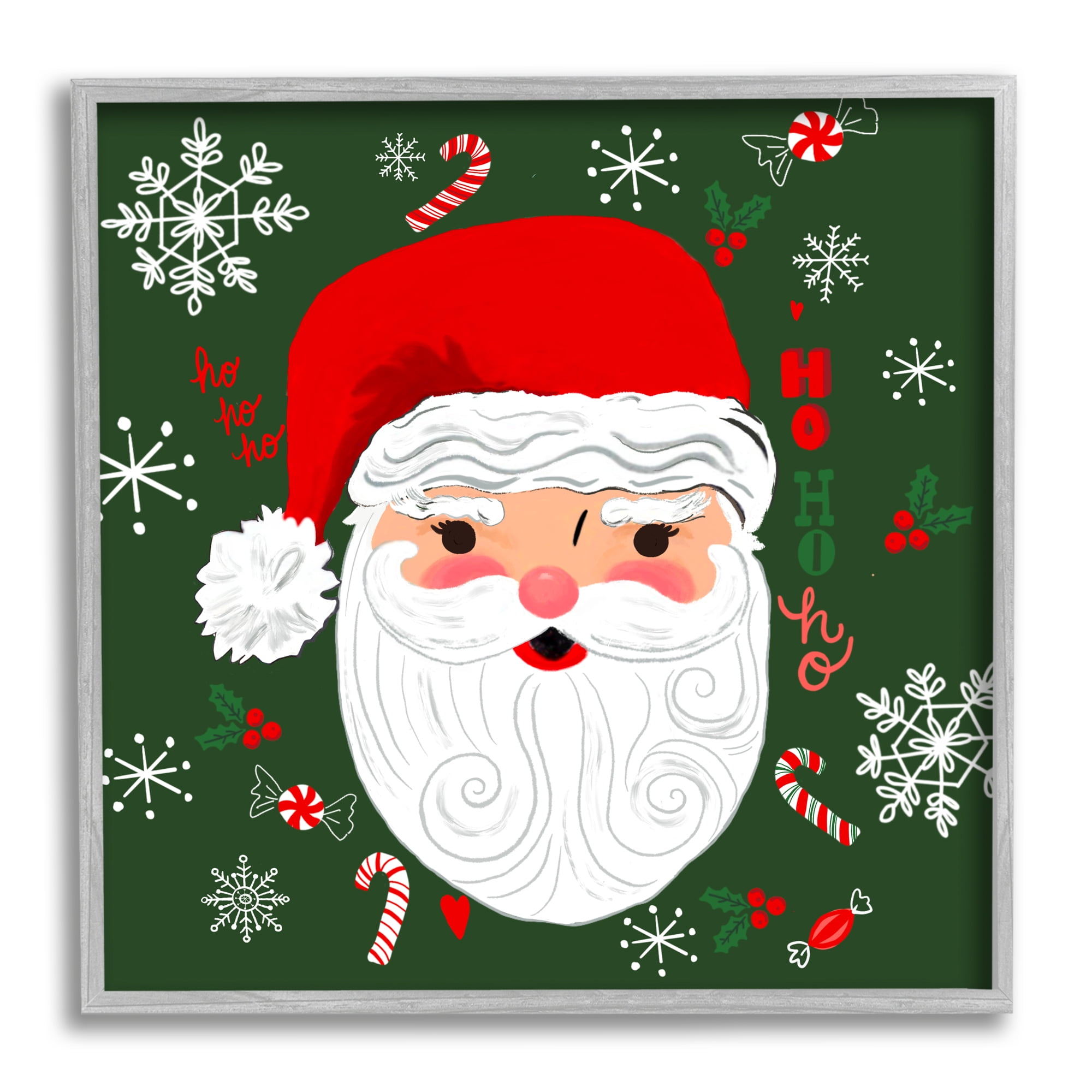 Stupell Industries Jolly Santa on Green Holiday Painting Gray Framed Art Print Wall Art, 17 x 17