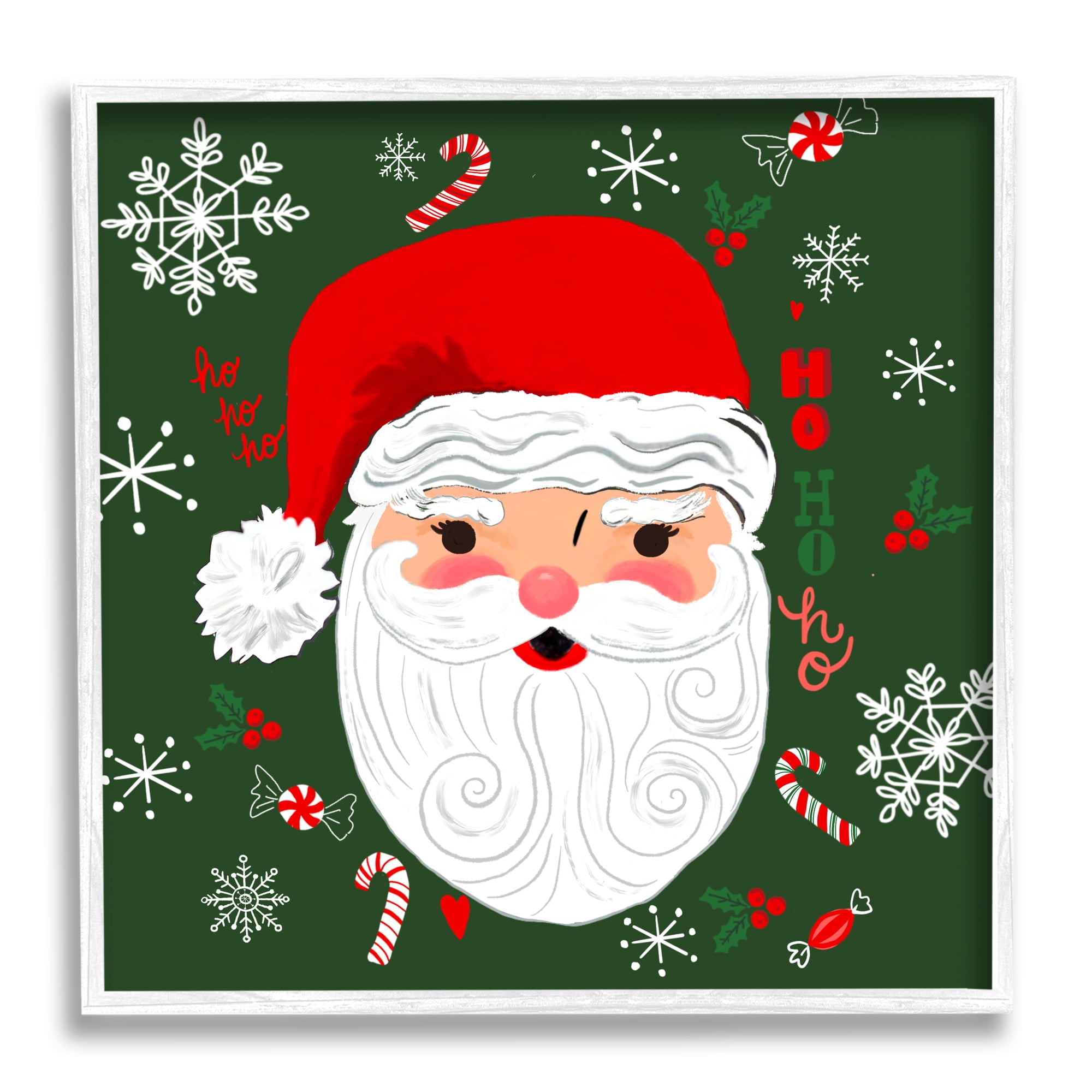 Stupell Industries Jolly Santa on Green Holiday Painting White Framed Art Print Wall Art, 12 x 12