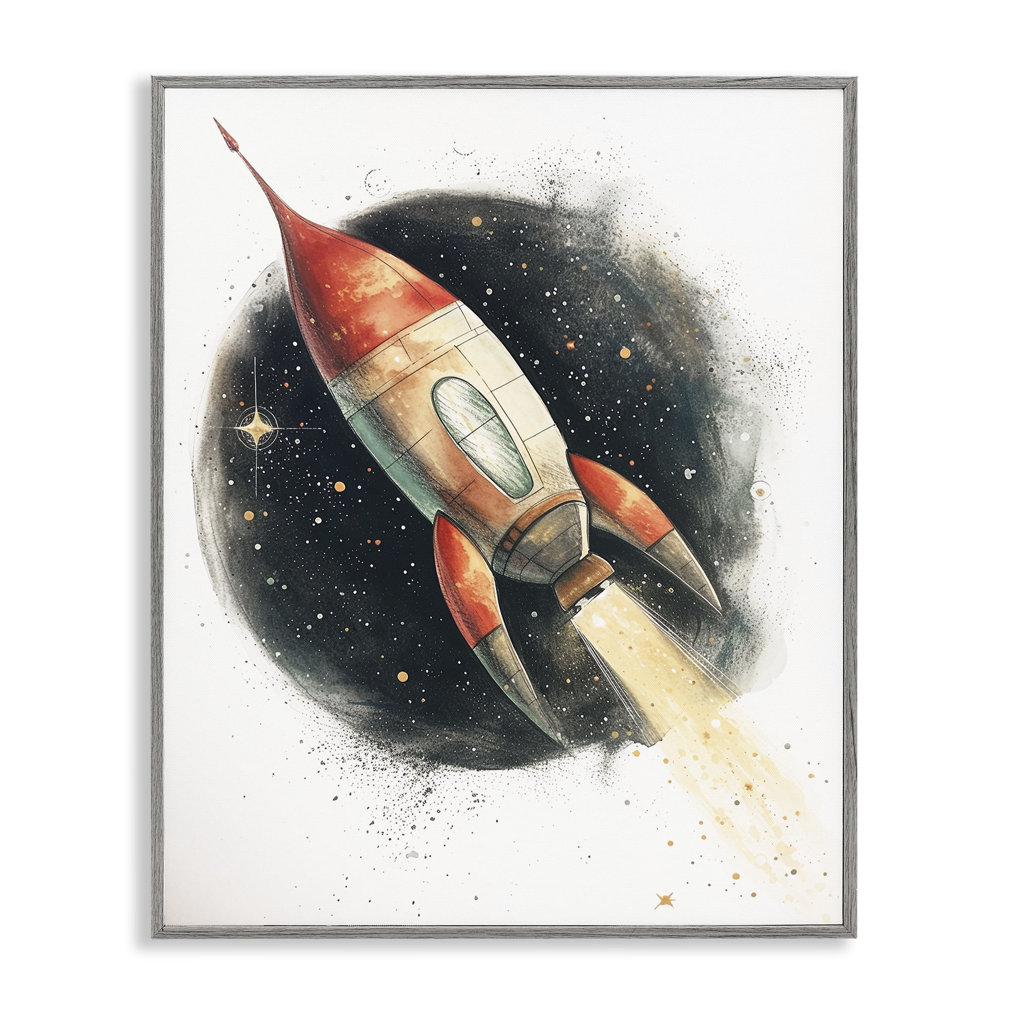 Stupell Industries Journey To Space Rocket Gray Framed Giclee Art, design by Ray Powers