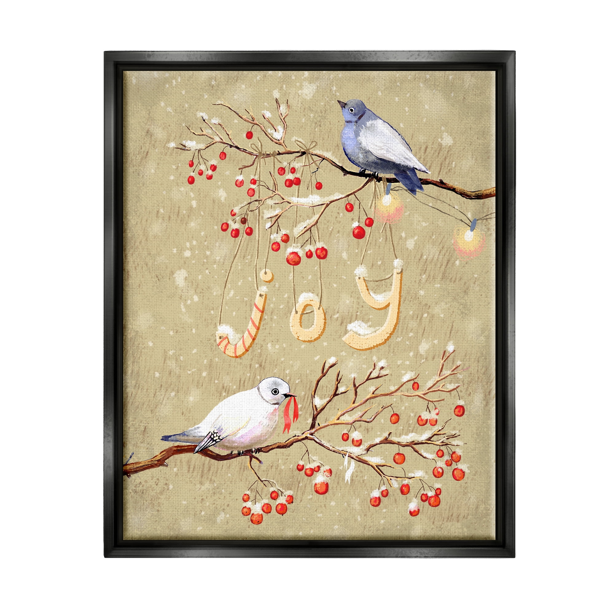 Stupell Industries Joy Birds on Winter Branches Holiday Painting Black Floater Framed Canvas Art Print Wall Art, 25 x 31