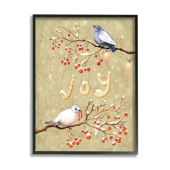 Stupell Industries Joy Birds on Winter Branches Holiday Painting Black Framed Art Print Wall Art, 24 x 30