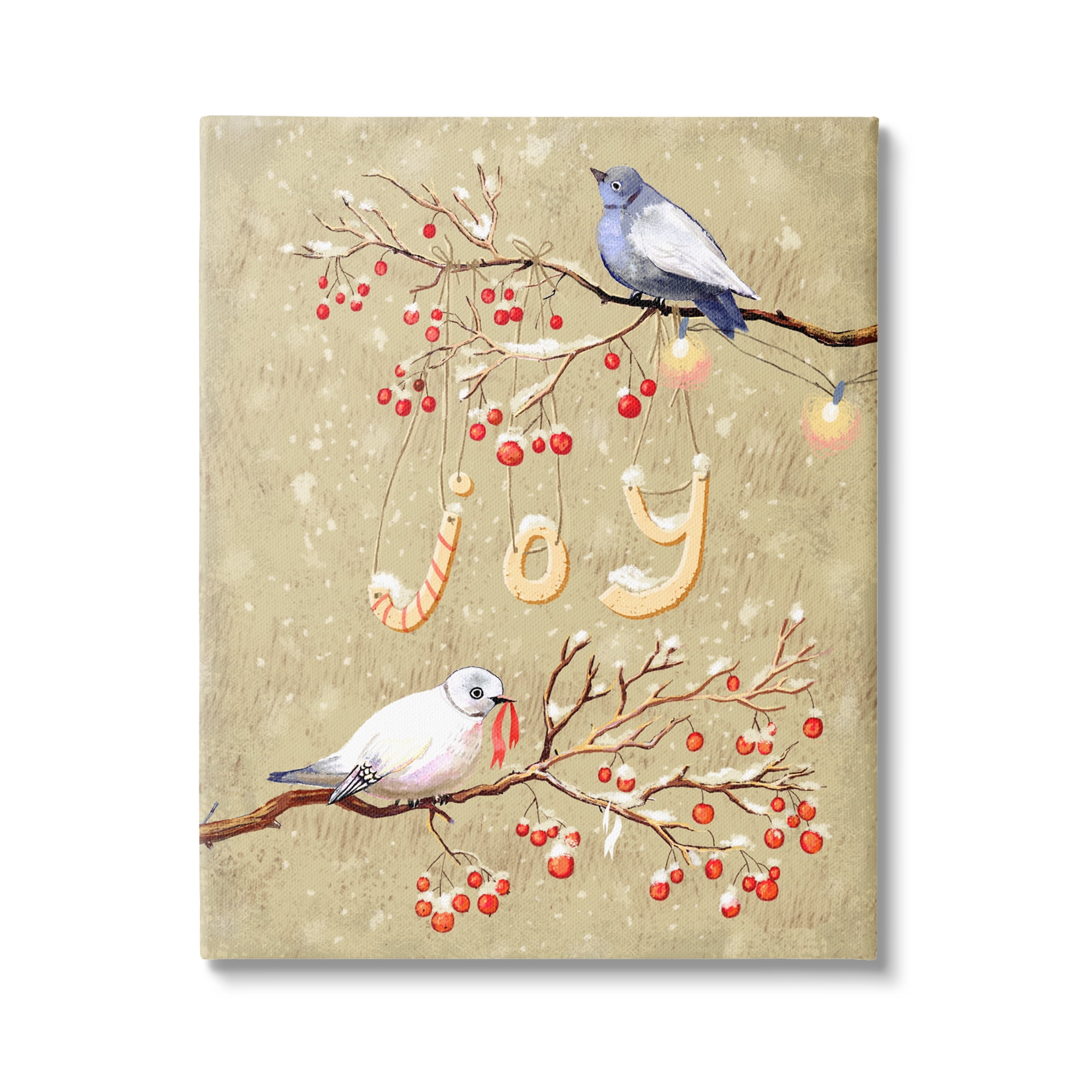 Stupell Industries Joy Birds on Winter Branches Holiday Painting Gallery Wrapped Art Print Wall Art, 36 x 48