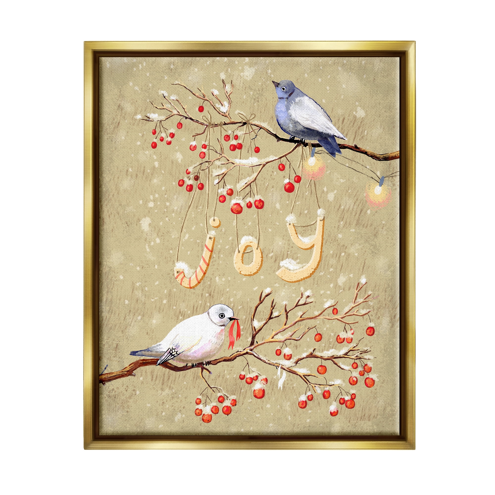 Stupell Industries Joy Birds on Winter Branches Holiday Painting Gold Floater Framed Canvas Art Print Wall Art, 25 x 31