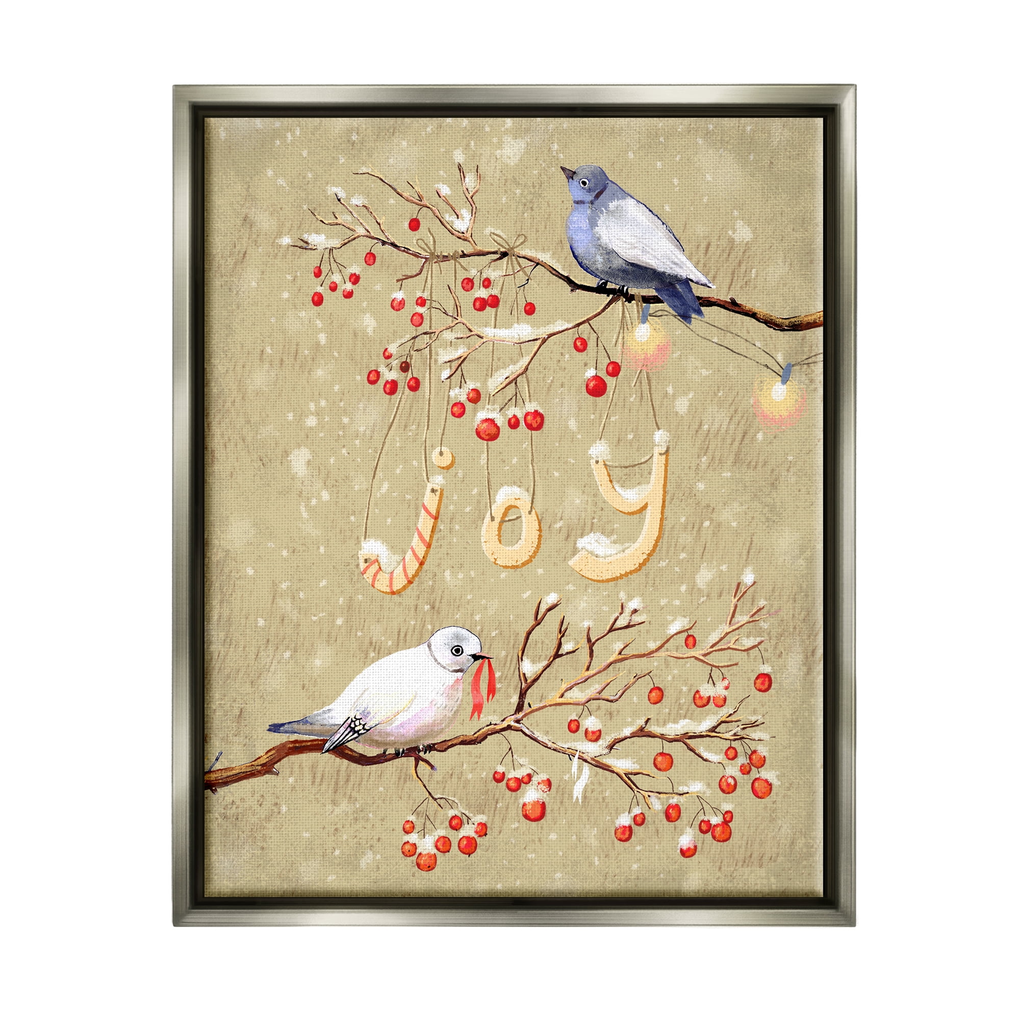 Stupell Industries Joy Birds on Winter Branches Holiday Painting Gray Floater Framed Canvas Art Print Wall Art, 25 x 31