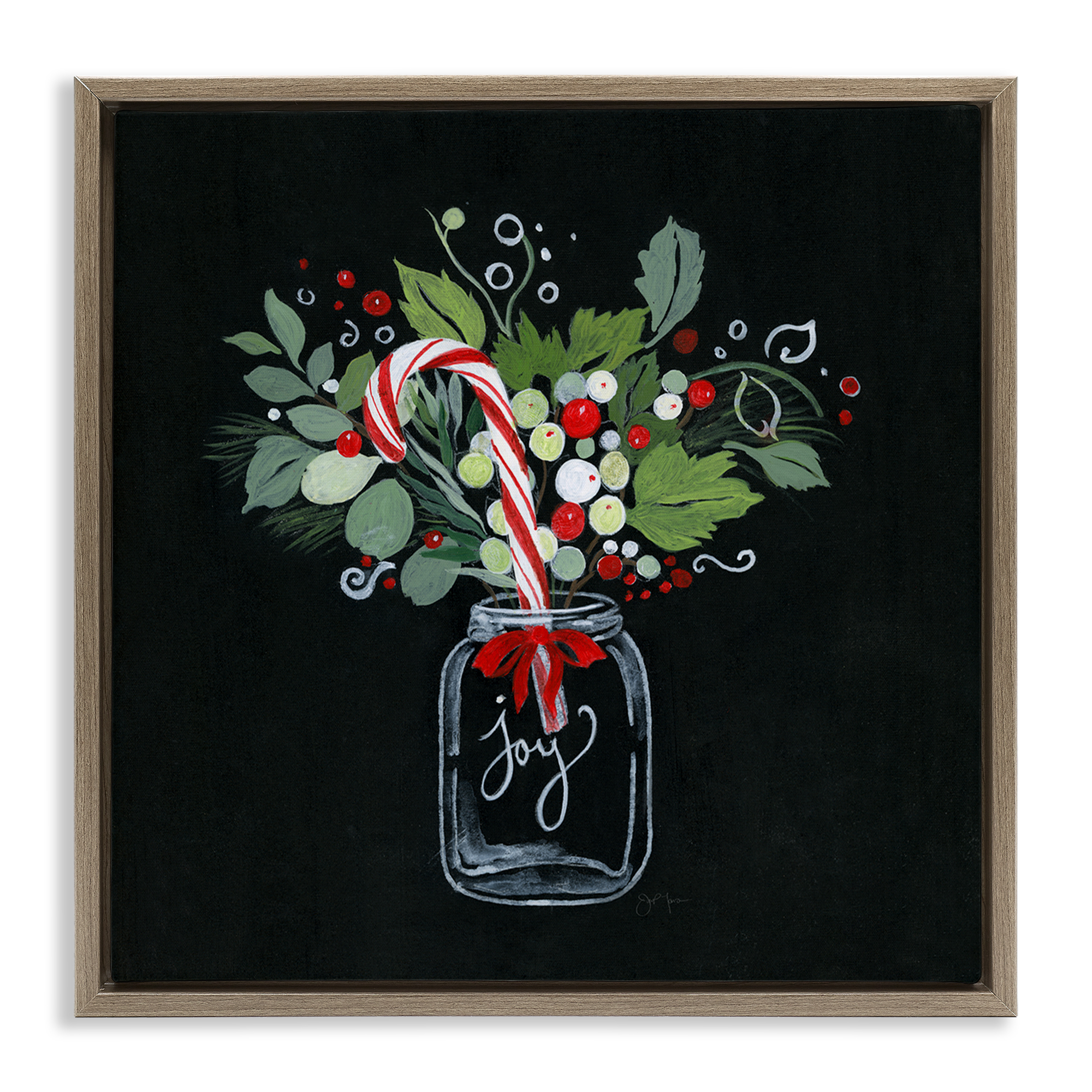 Stupell Industries Joy Candy Cane Jar Holiday Painting Brown Floater Framed Canvas Art Prints Wall Art, 25 x 25