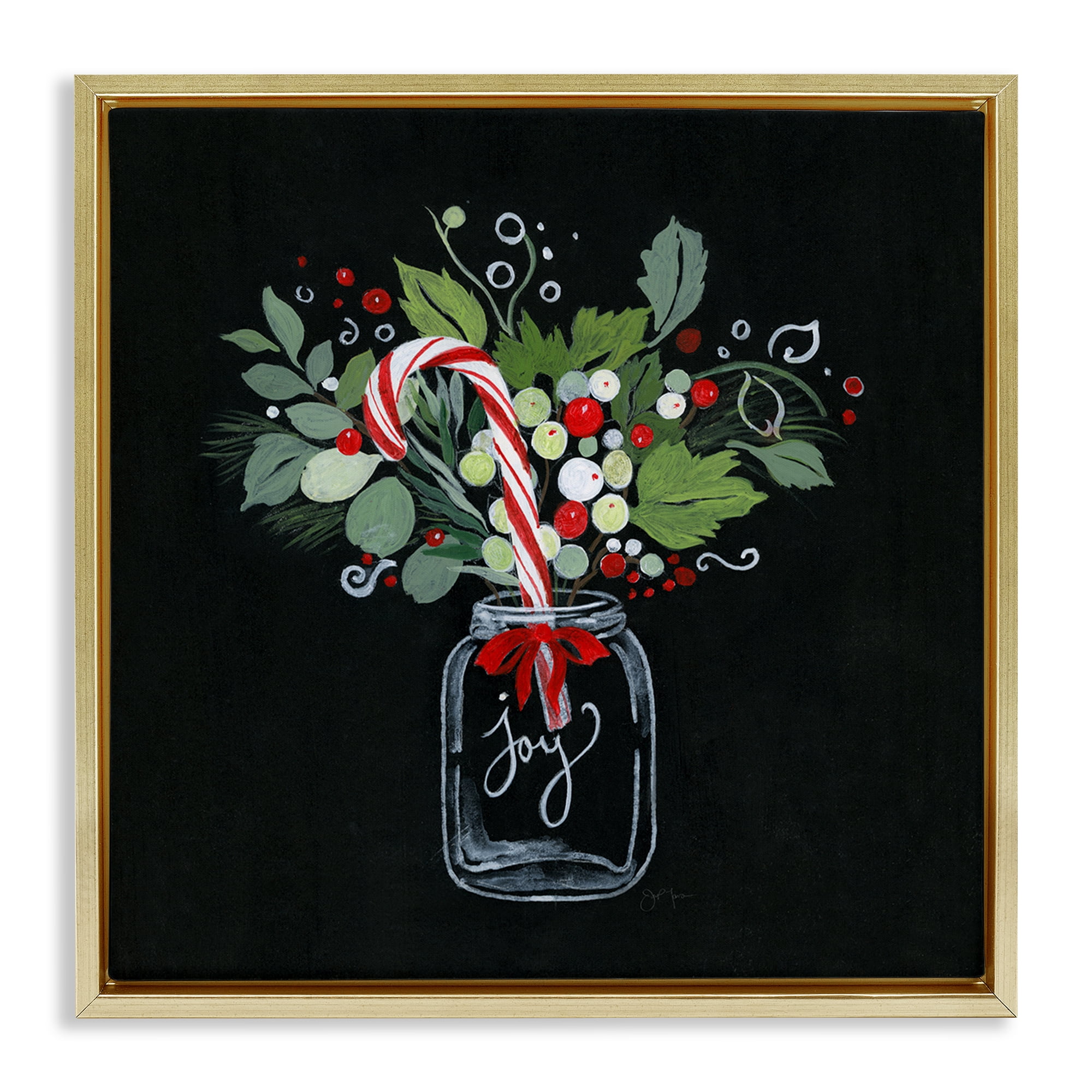 Stupell Industries Joy Candy Cane Jar Holiday Painting Gold Floater Framed Canvas Art Prints Wall Art, 25 x 25