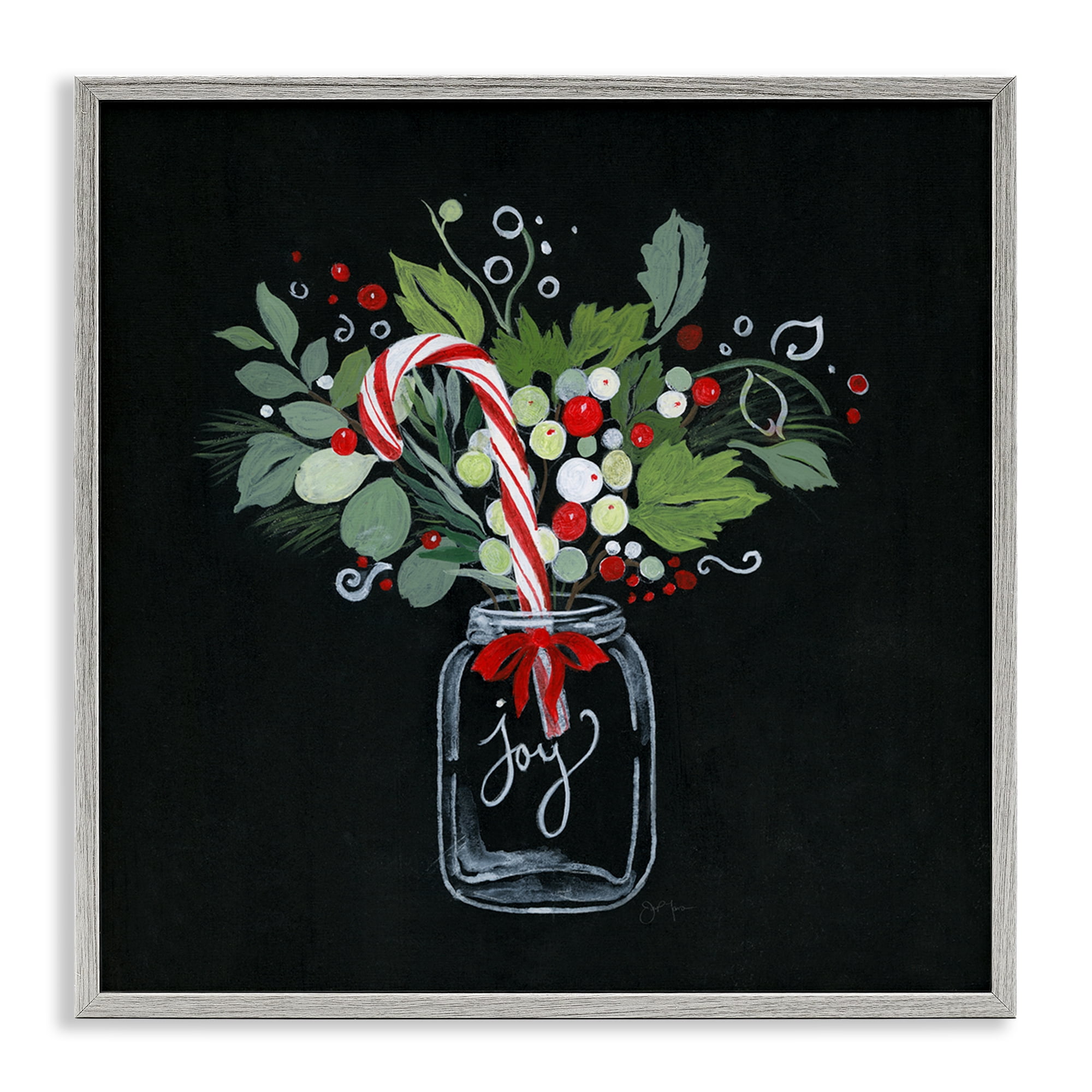 Stupell Industries Joy Candy Cane Jar Holiday Painting Gray Framed Art Prints Wall Art, 17 x 17
