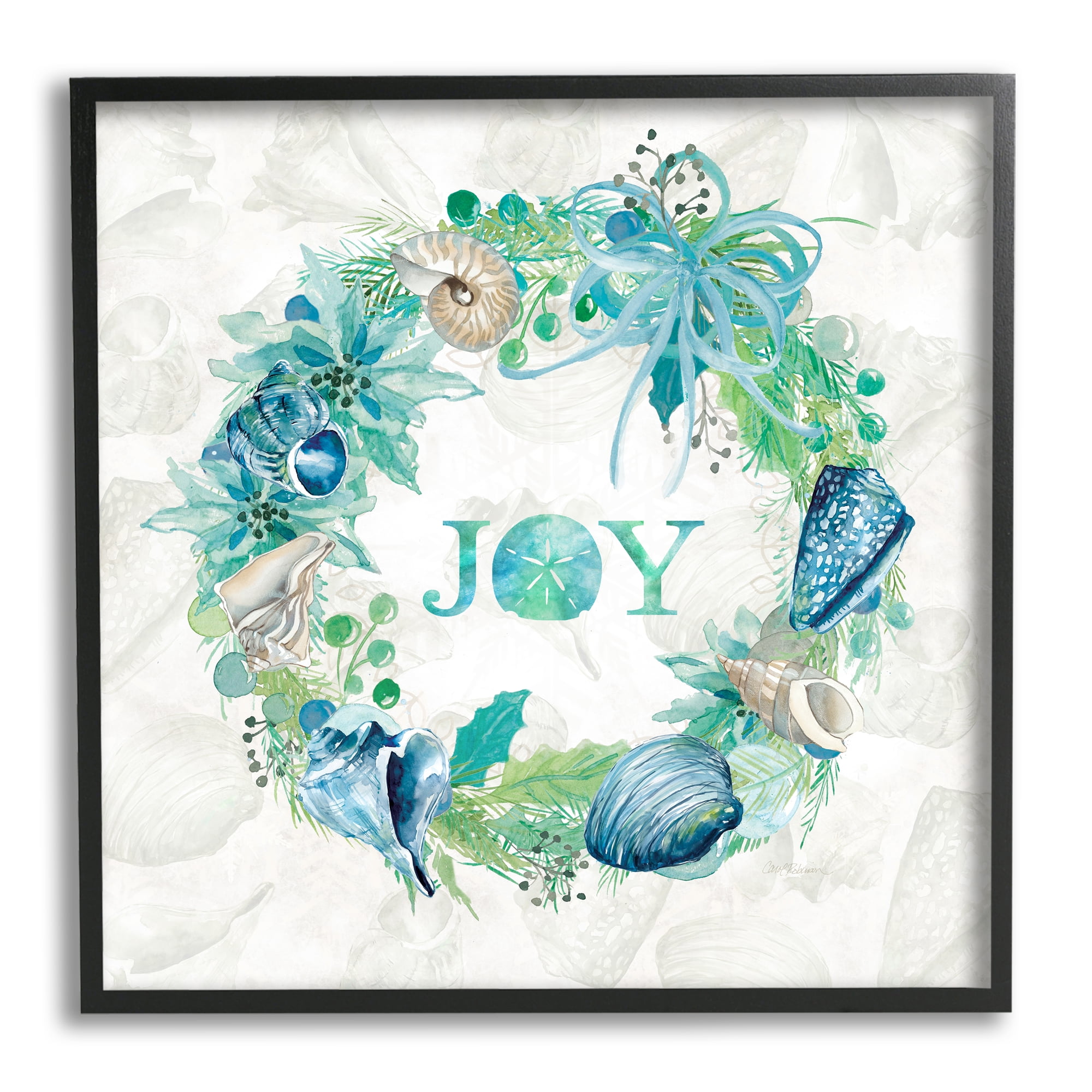 Stupell Industries Joy Coastal Shell Wreath Nature Painting Black Framed Art Print Wall Art, 17 x 17