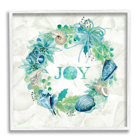 Stupell Industries Joy Coastal Shell Wreath Nature Painting White Framed Art Print Wall Art, 17 x 17