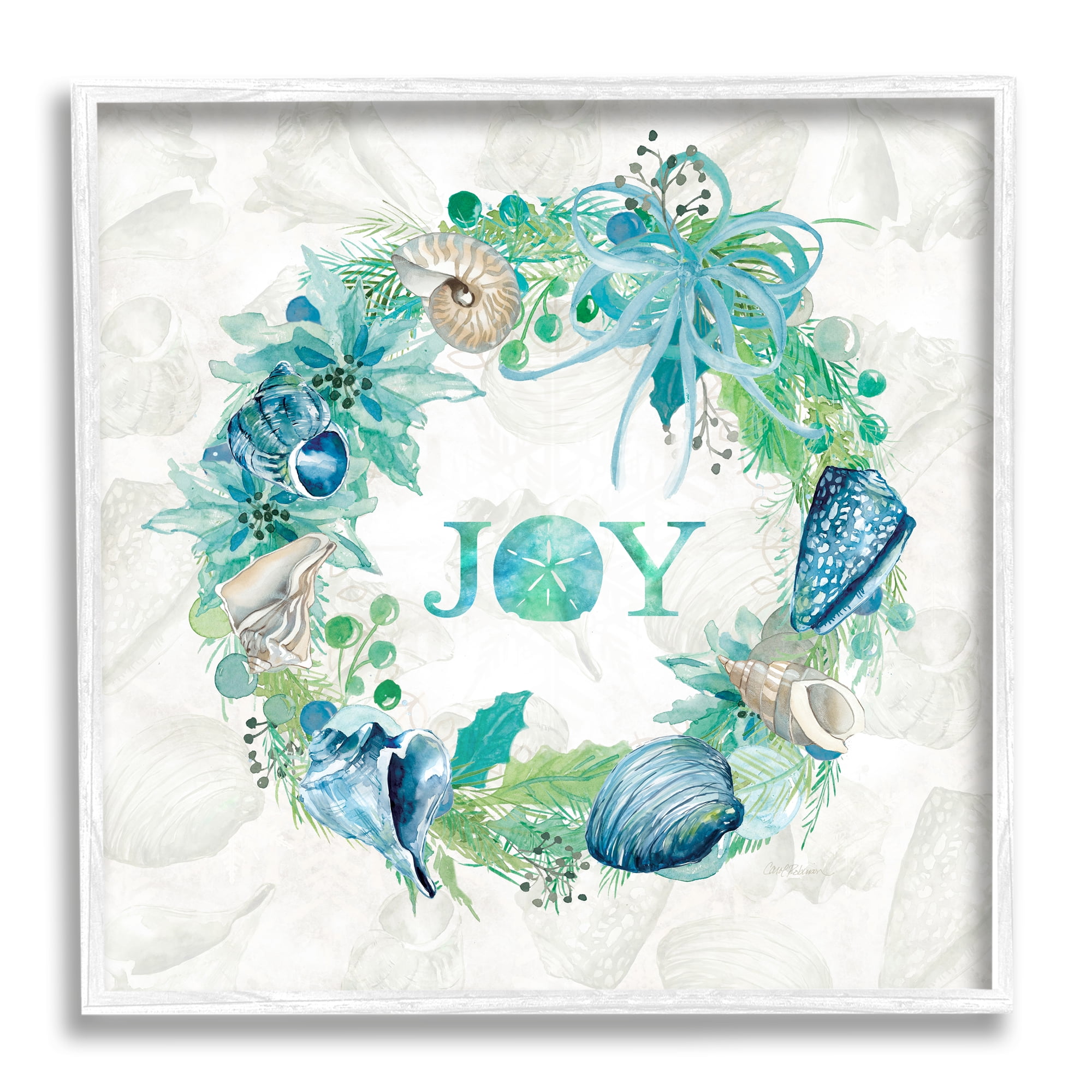 Stupell Industries Joy Coastal Shell Wreath Nature Painting White Framed Art Print Wall Art, 24 x 24