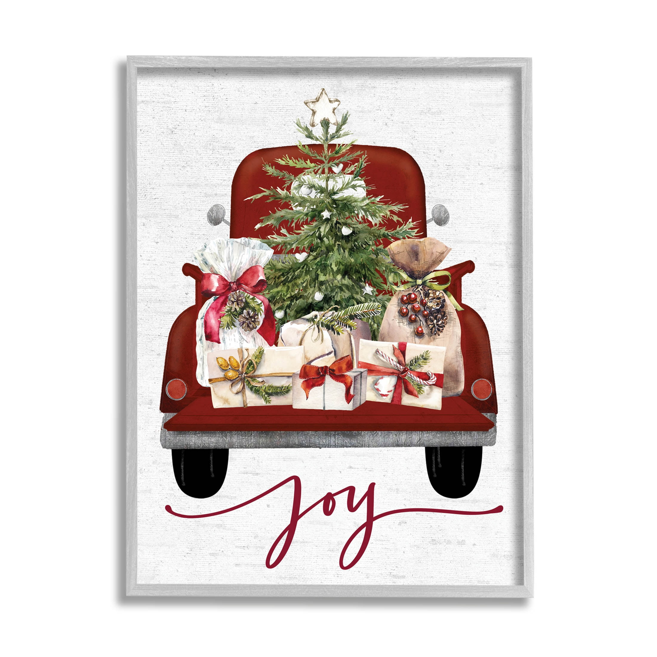 Stupell Industries Joy Holiday Red Gift Truck Graphic Art Gray Framed Art Print Wall Art, Design by Lettered and Lined