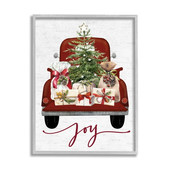 Stupell Industries Joy Holiday Red Gift Truck Graphic Art Gray Framed Art Print Wall Art, Design by Lettered and Lined