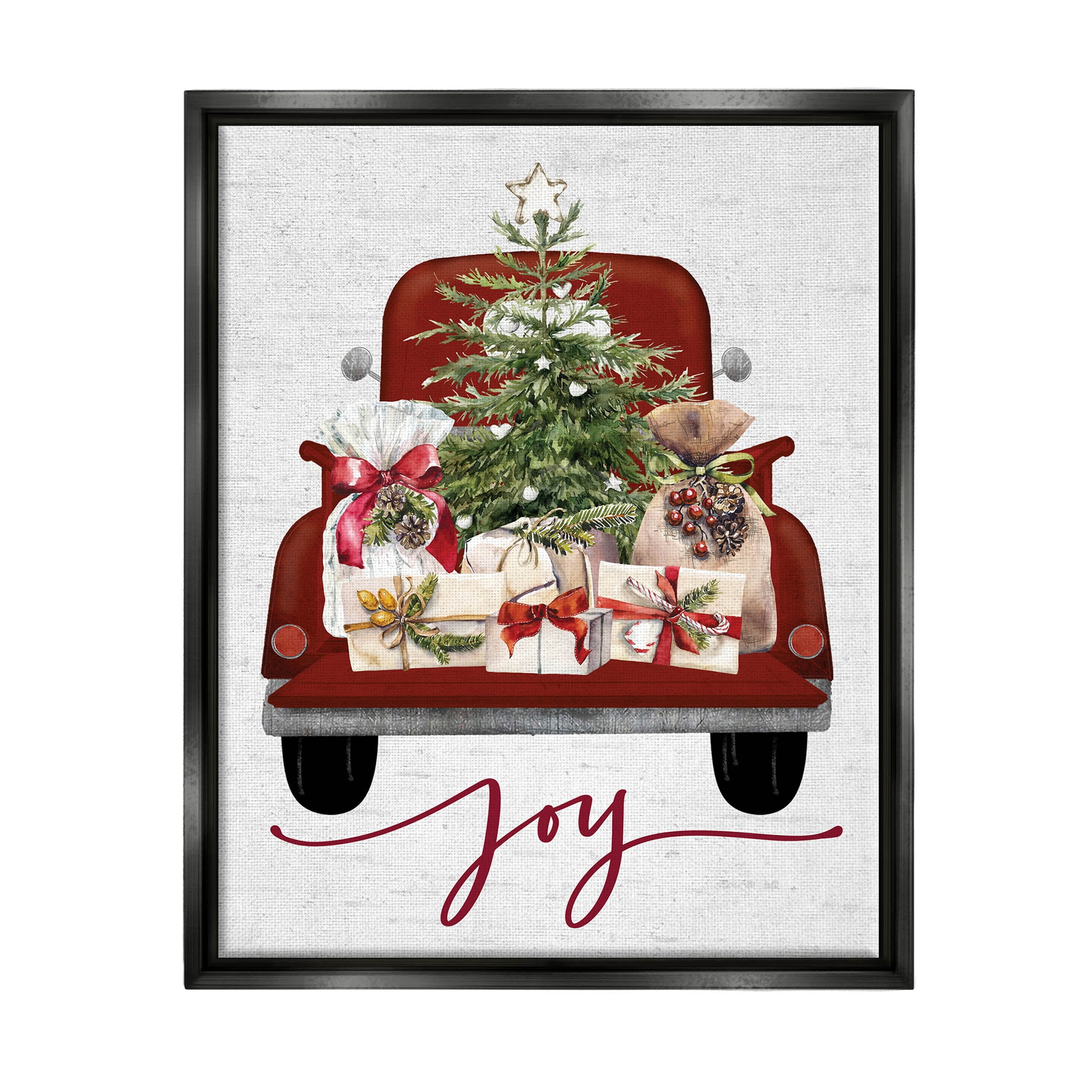 Stupell Industries Joy Holiday Red Gift Truck Graphic Art Jet Black Floating Framed Canvas Print Wall Art, Design by Lettered and Lined