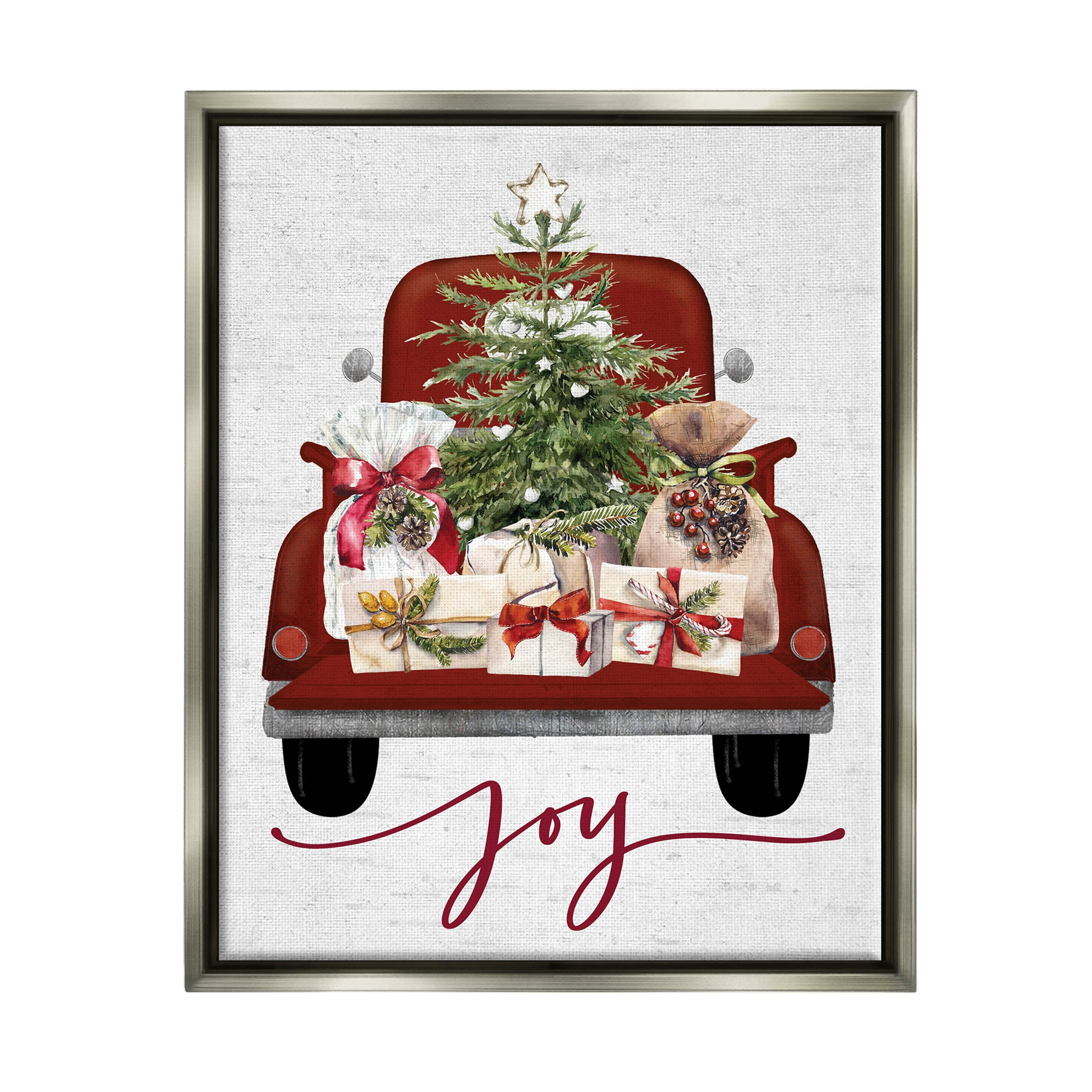 Stupell Industries Joy Holiday Red Gift Truck Graphic Art Luster Gray Floating Framed Canvas Print Wall Art, Design by Lettered and Lined