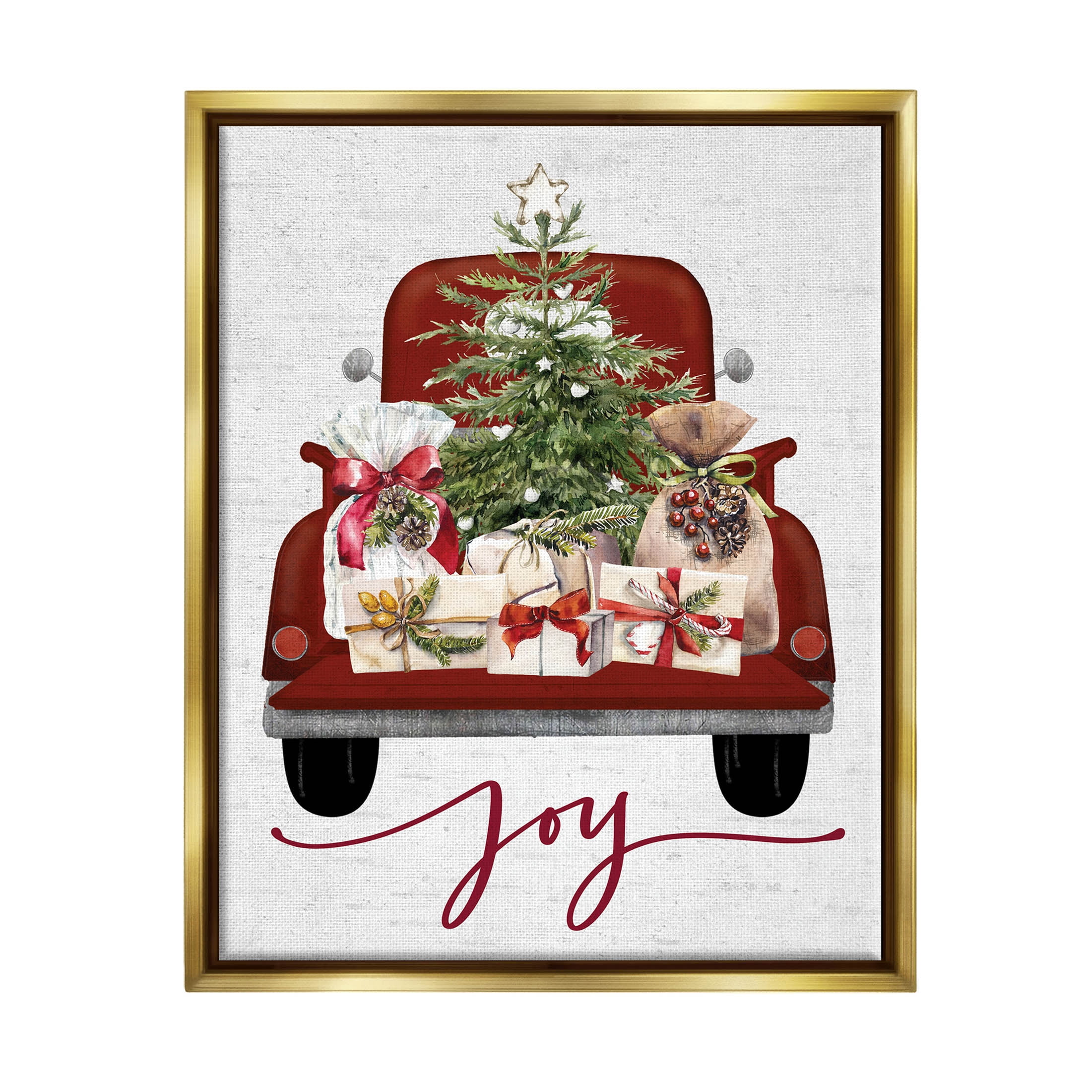 Stupell Industries Joy Holiday Red Gift Truck Graphic Art Metallic Gold Floating Framed Canvas Print Wall Art, Design by Lettered and Lined