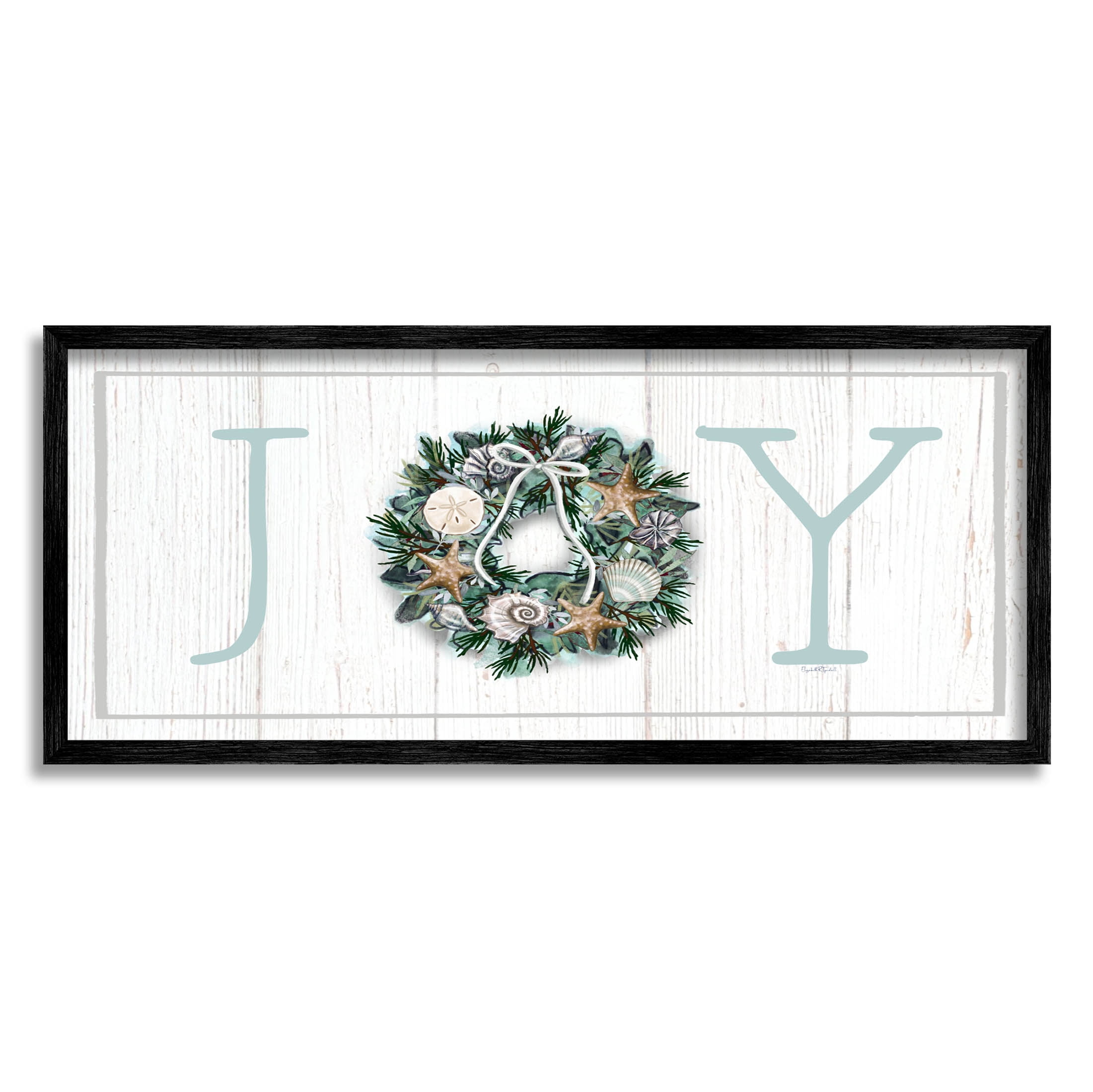 Stupell Industries Joy Holiday Seashell Wreath Graphic Art Black Framed Art Print Wall Art, Design by Elizabeth Tyndall