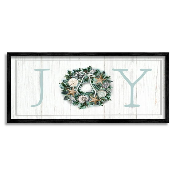 Stupell Industries Joy Holiday Seashell Wreath Graphic Art Black Framed Art Print Wall Art, Design by Elizabeth Tyndall