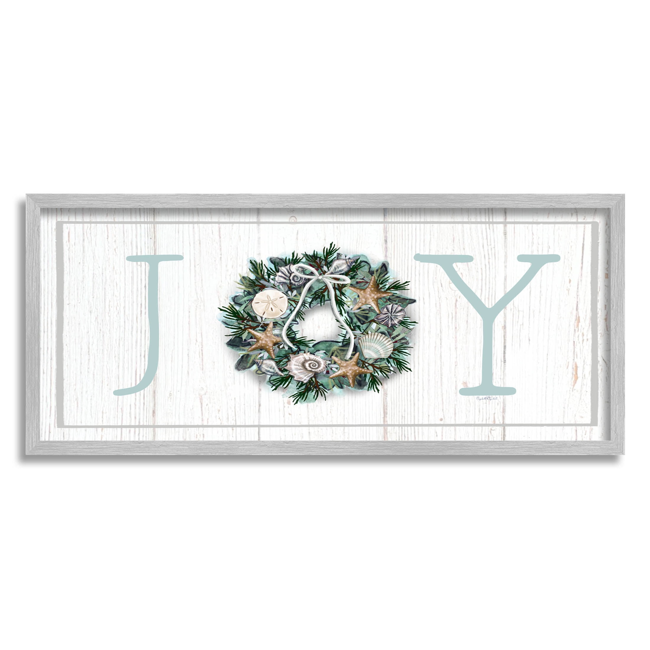 Stupell Industries Joy Holiday Seashell Wreath Graphic Art Gray Framed Art Print Wall Art, Design by Elizabeth Tyndall