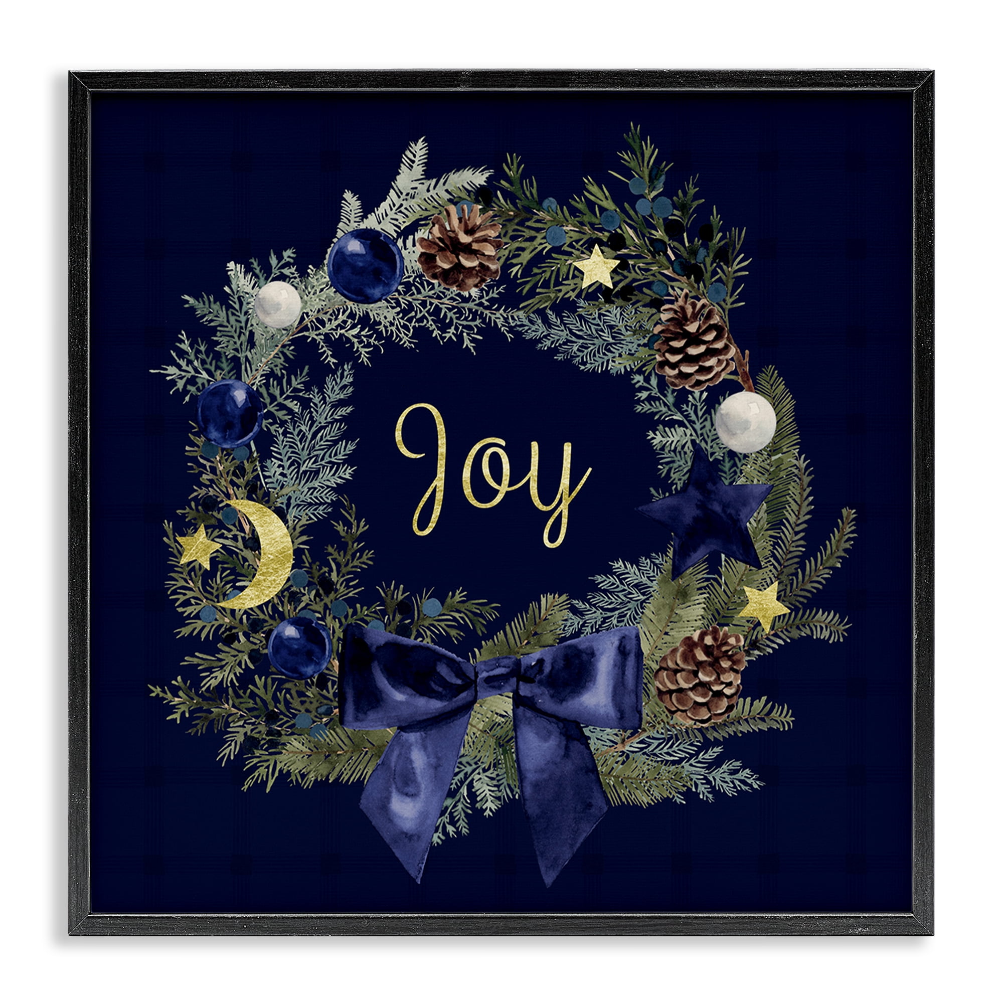 Stupell Industries Joy Holiday Wreath Holiday Painting Black Framed Art Print Wall Art, 24 x 24
