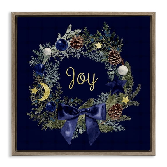 Stupell Industries Joy Holiday Wreath Holiday Painting Brown Floater Framed Art Print Wall Art, 18 x 18