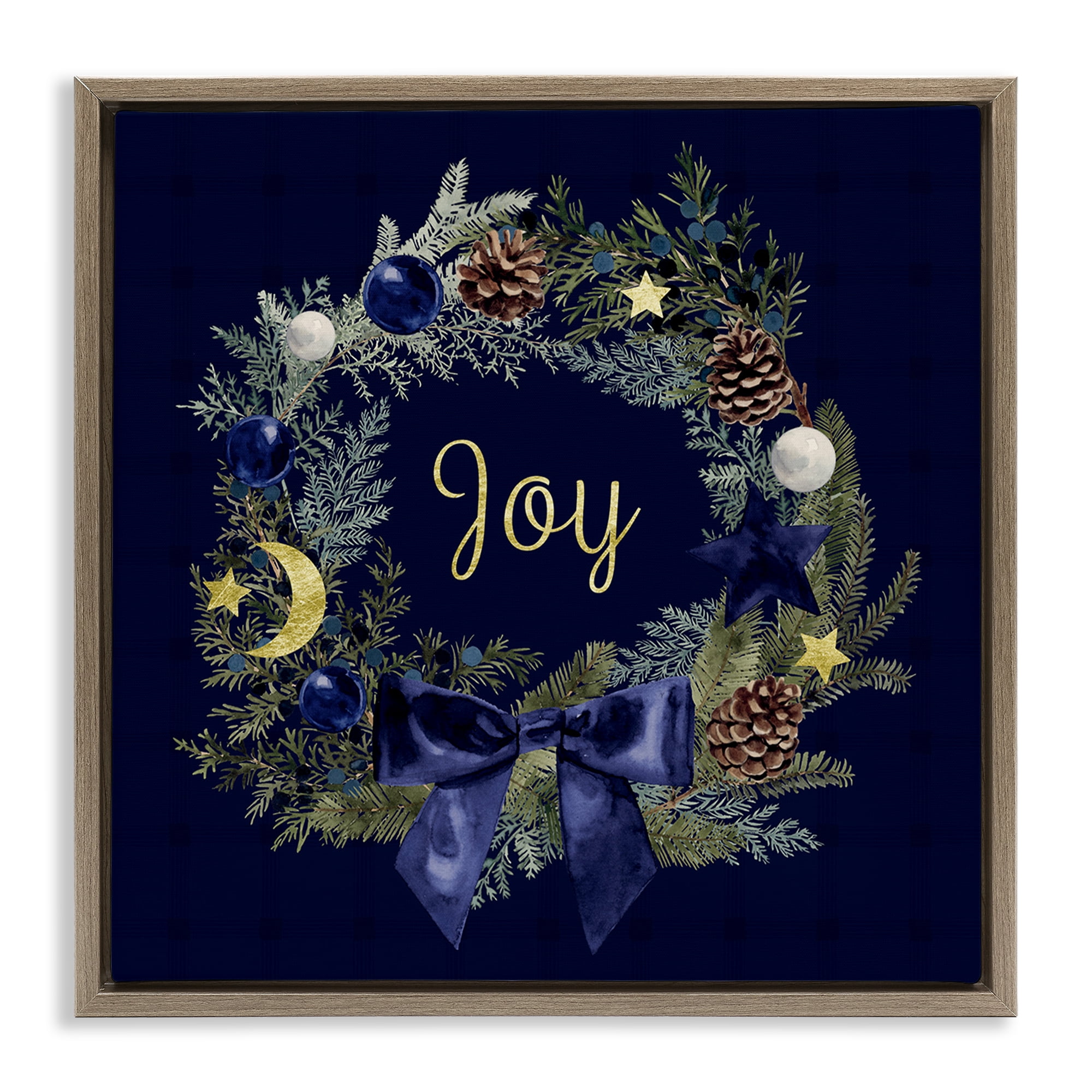 Stupell Industries Joy Holiday Wreath Holiday Painting Brown Floater Framed Art Print Wall Art, 25 x 25