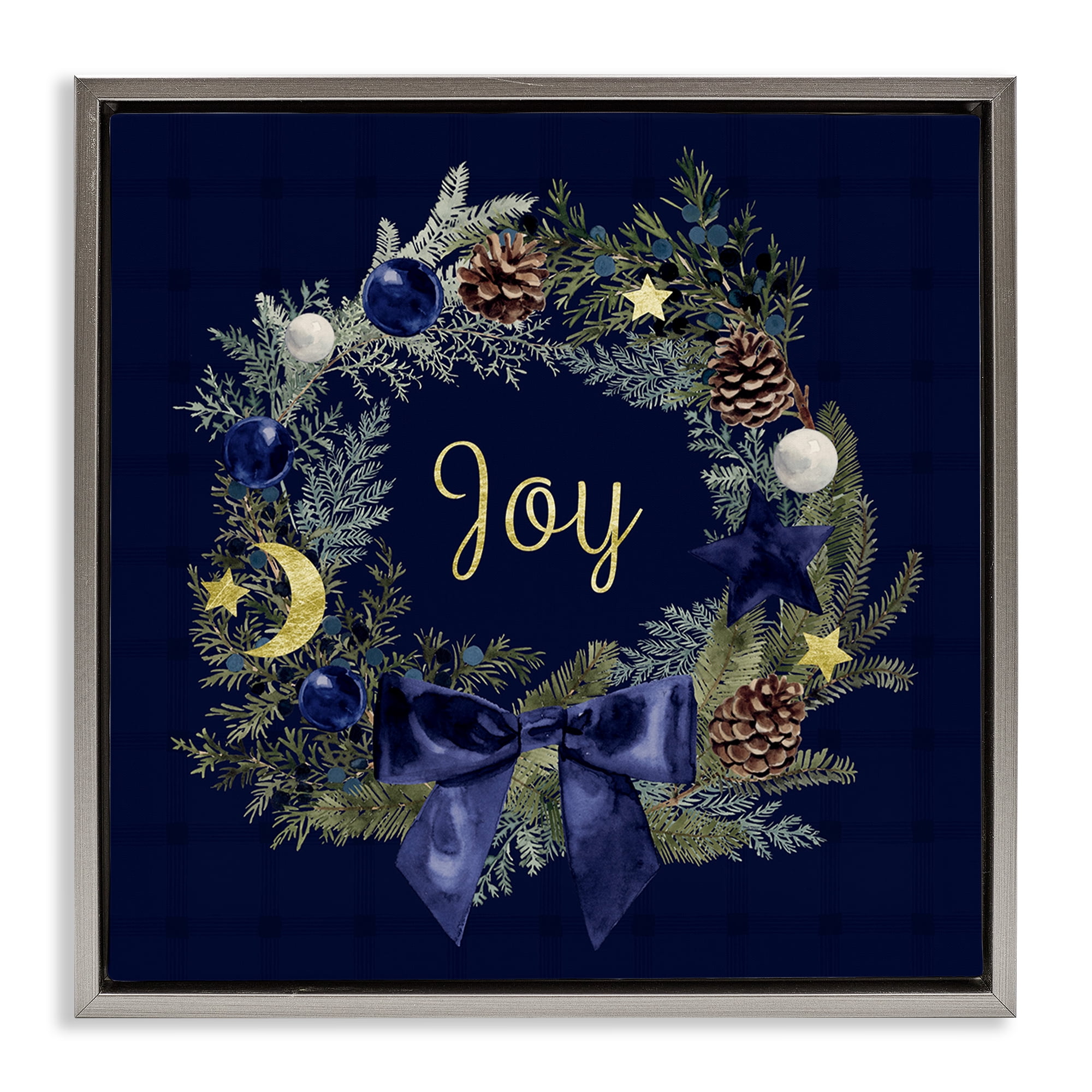 Stupell Industries Joy Holiday Wreath Holiday Painting Gray Floater Framed Art Print Wall Art, 25 x 25
