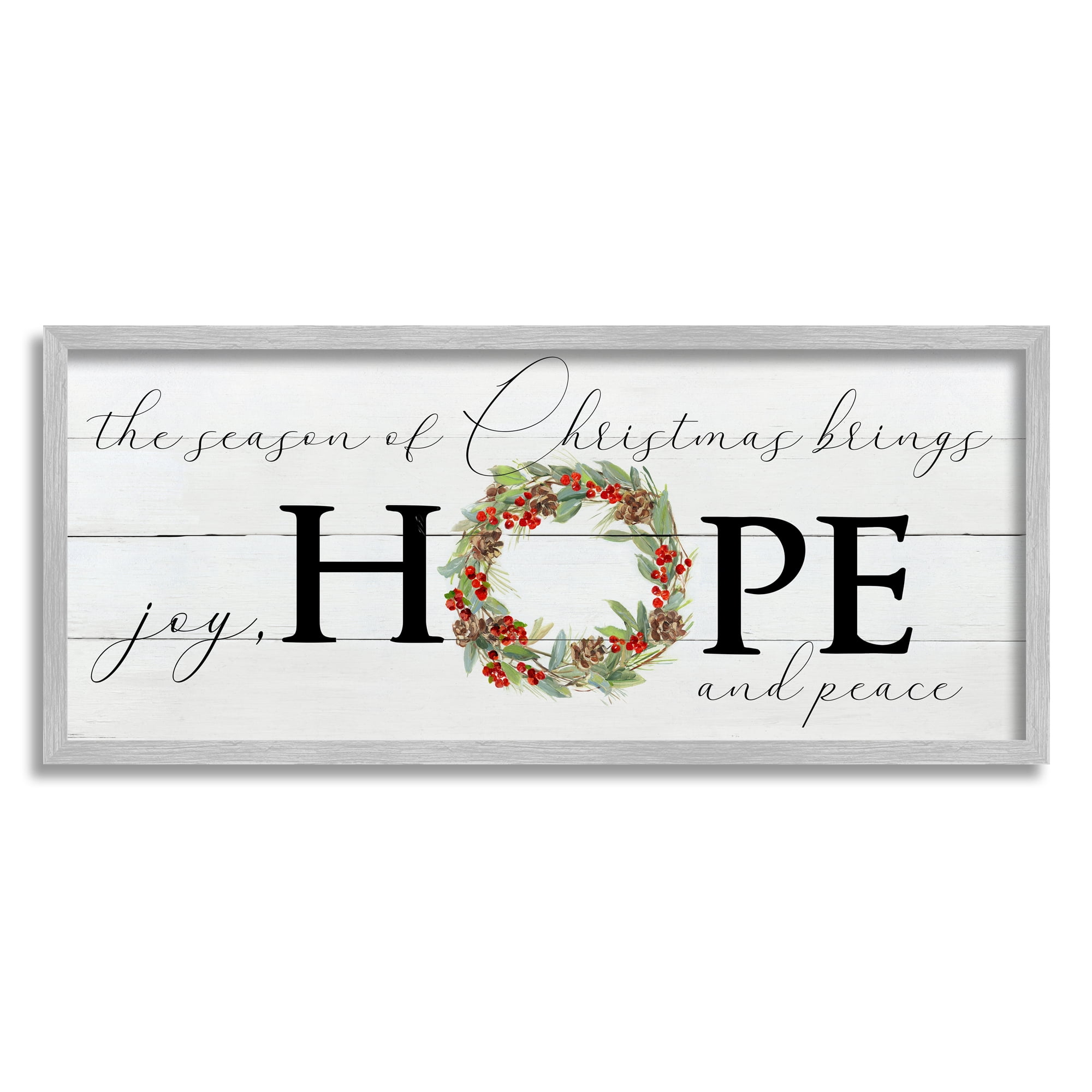 Stupell Industries Joy Hope & Peace Christmas Wreath Holiday Painting Gray Framed Art Print Wall Art