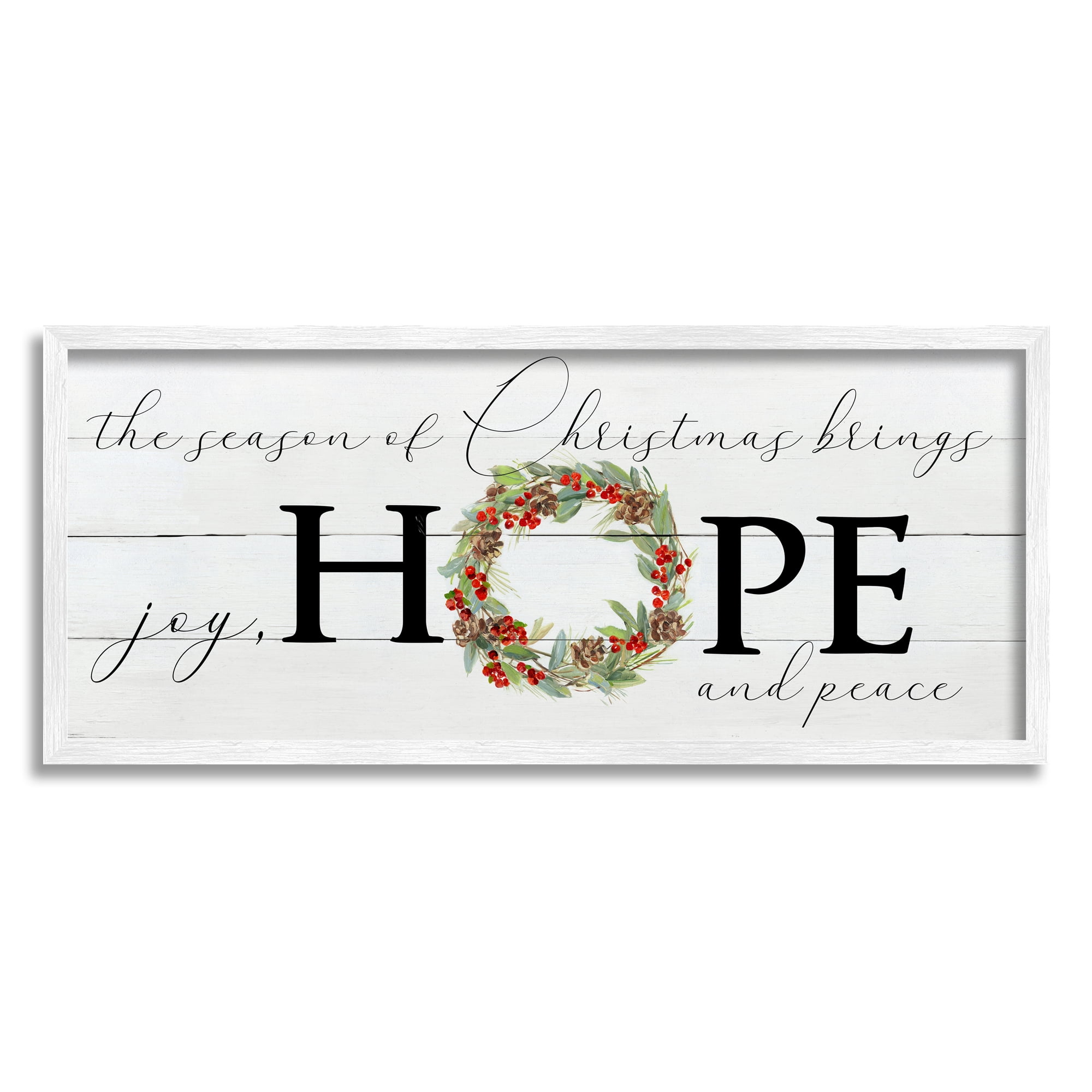 Stupell Industries Joy Hope & Peace Christmas Wreath Holiday Painting White Framed Art Print Wall Art