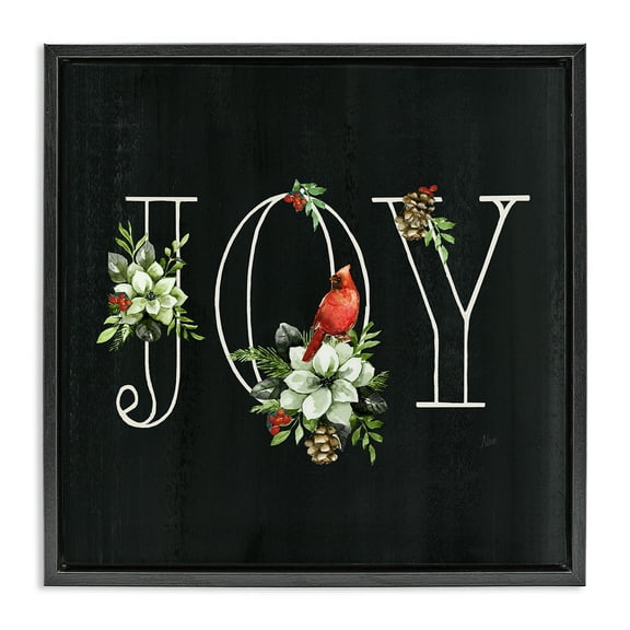 Stupell Industries Joy Letters with Florals Holiday Painting Black Floater Framed Canvas Art Prints Wall Art, 18 x 18