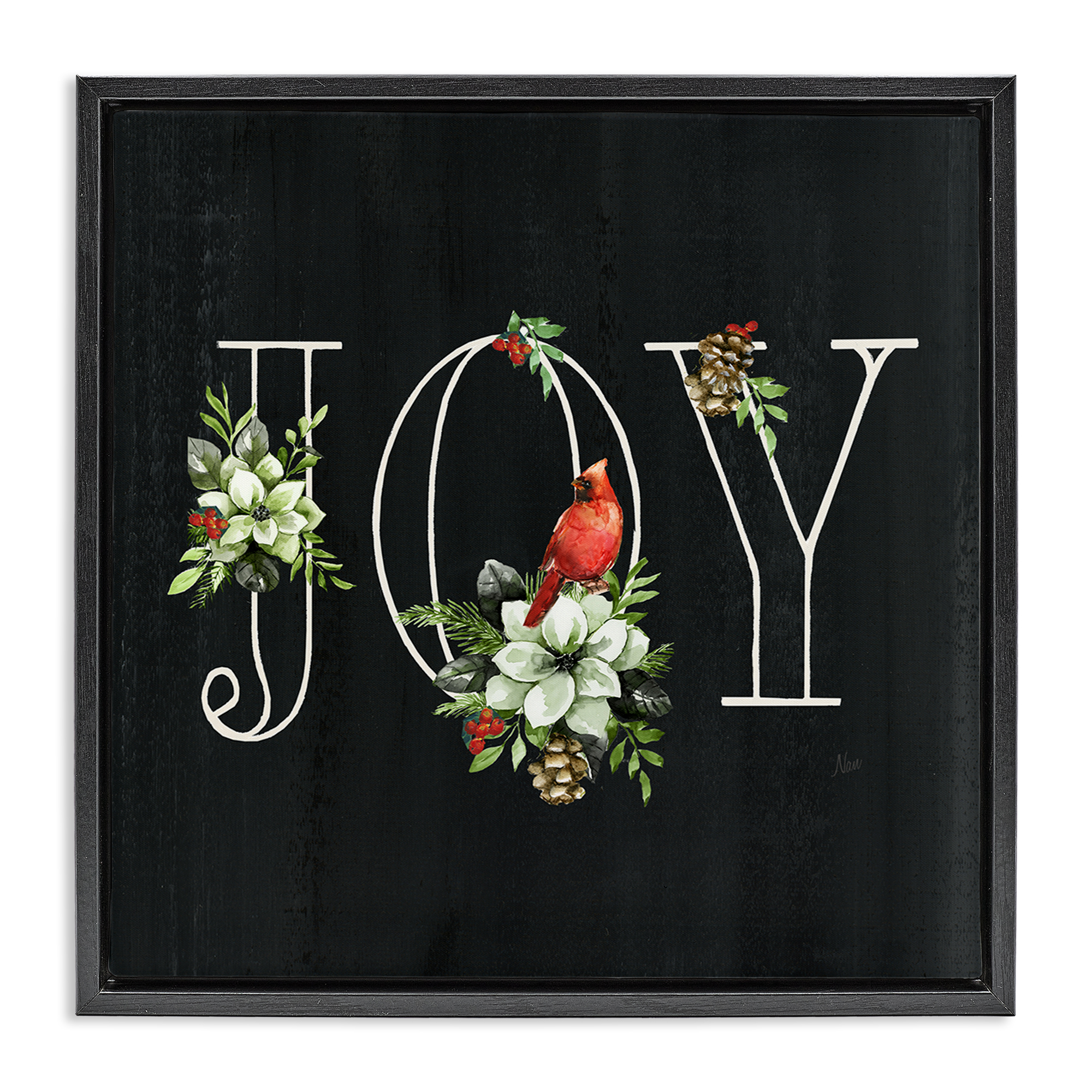 Stupell Industries Joy Letters with Florals Holiday Painting Black Floater Framed Canvas Art Prints Wall Art, 25 x 25