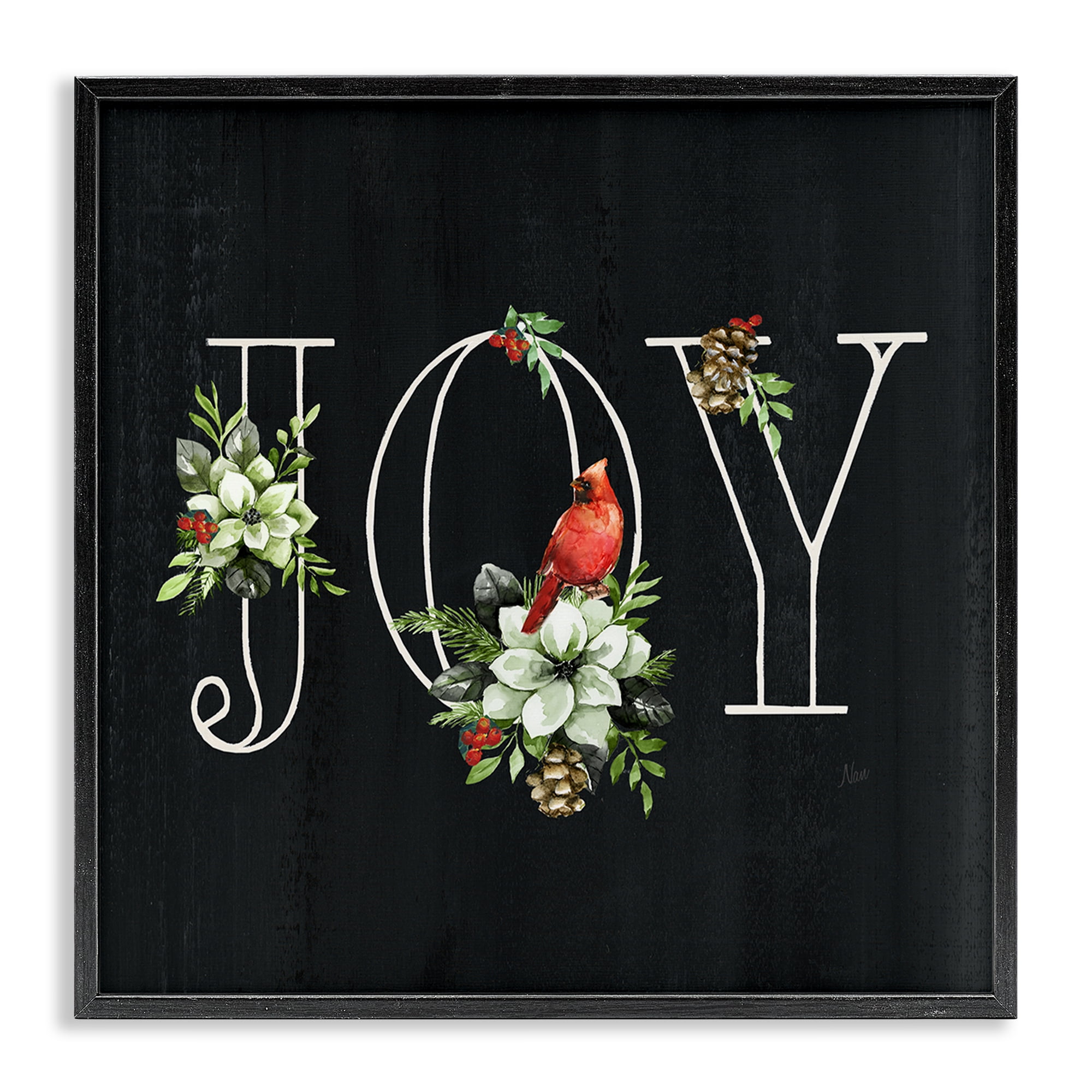 Stupell Industries Joy Letters with Florals Holiday Painting Black Framed Art Prints Wall Art, 12 x 12