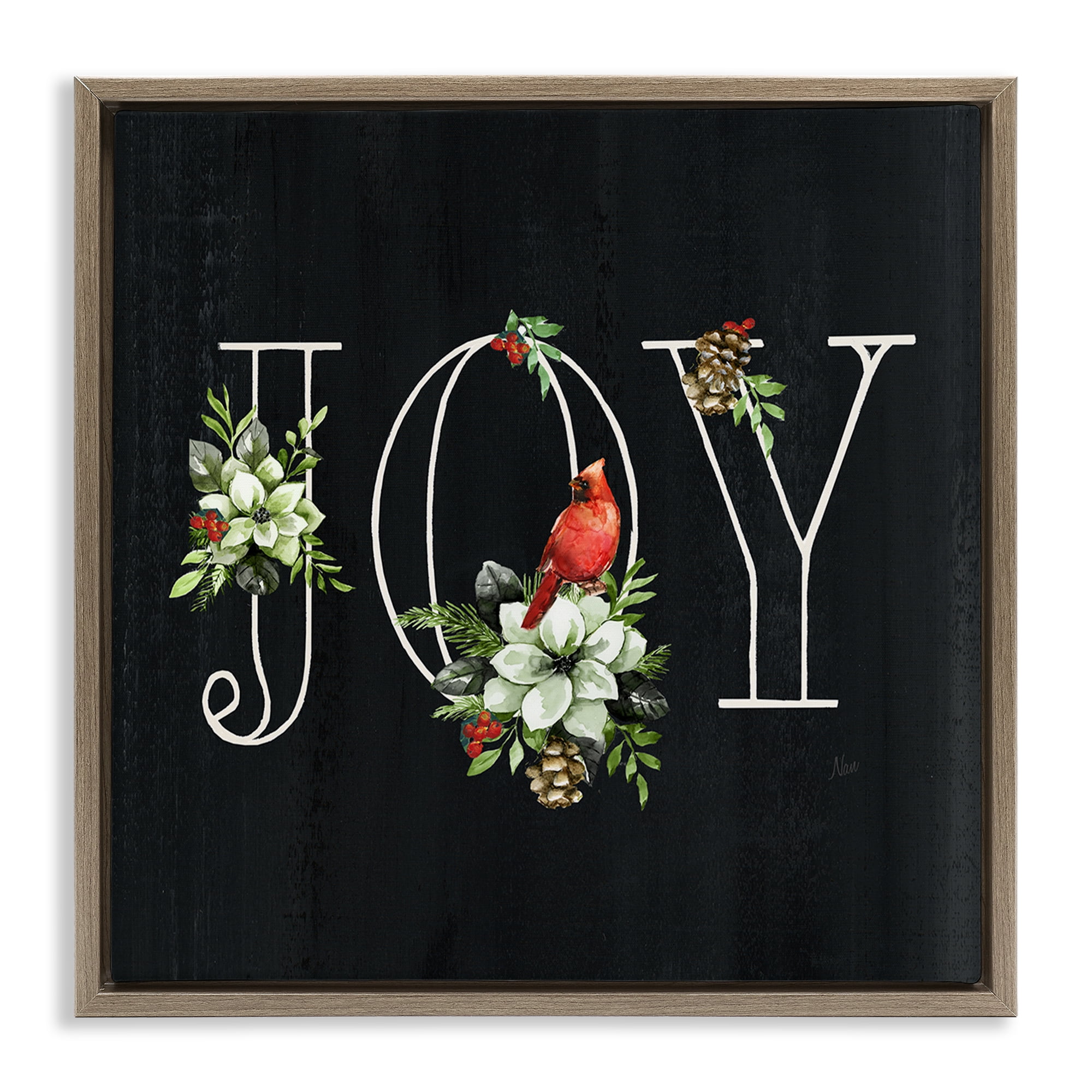 Stupell Industries Joy Letters with Florals Holiday Painting Brown Floater Framed Canvas Art Prints Wall Art, 25 x 25
