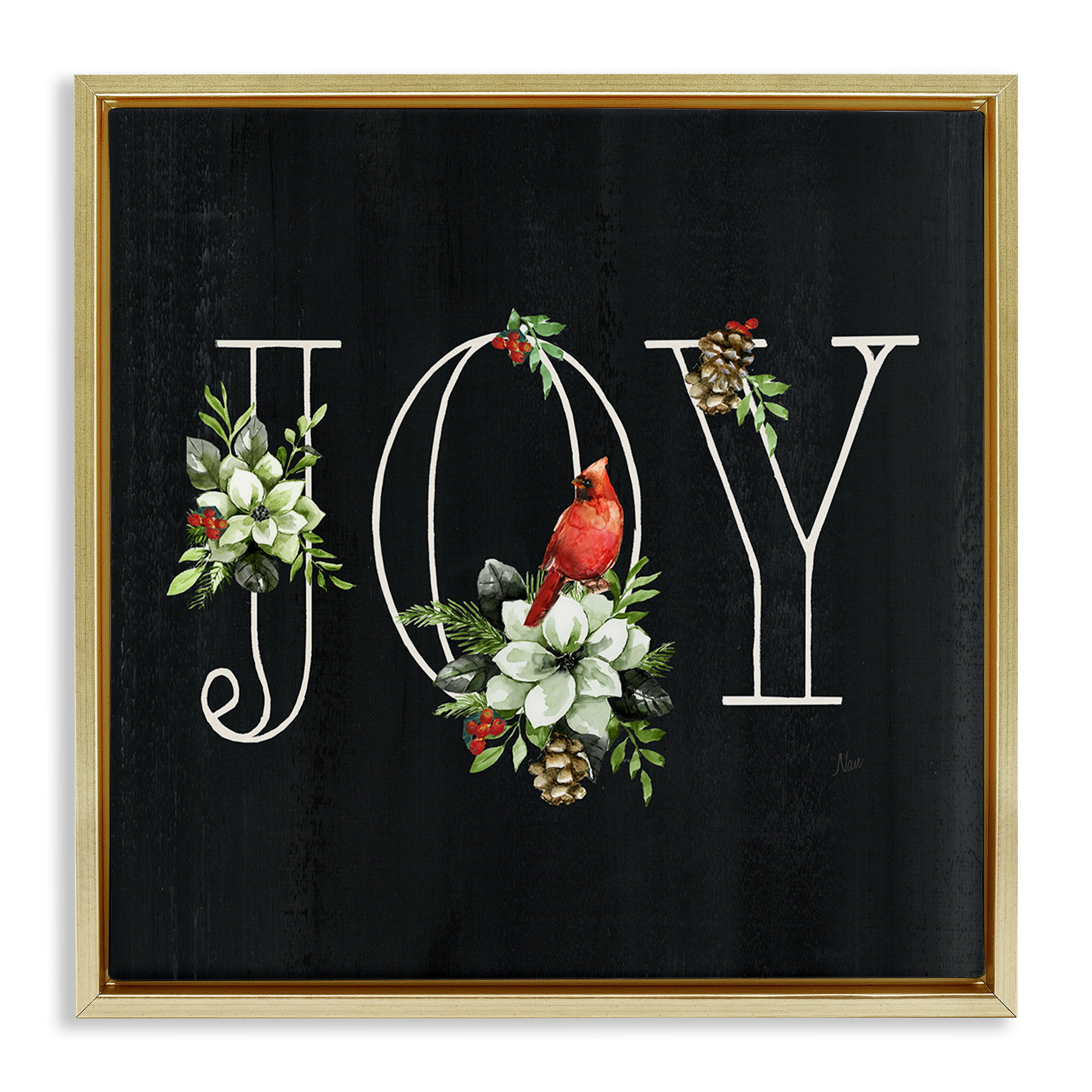 Stupell Industries Joy Letters with Florals Holiday Painting Gold Floater Framed Canvas Art Prints Wall Art, 18 x 18