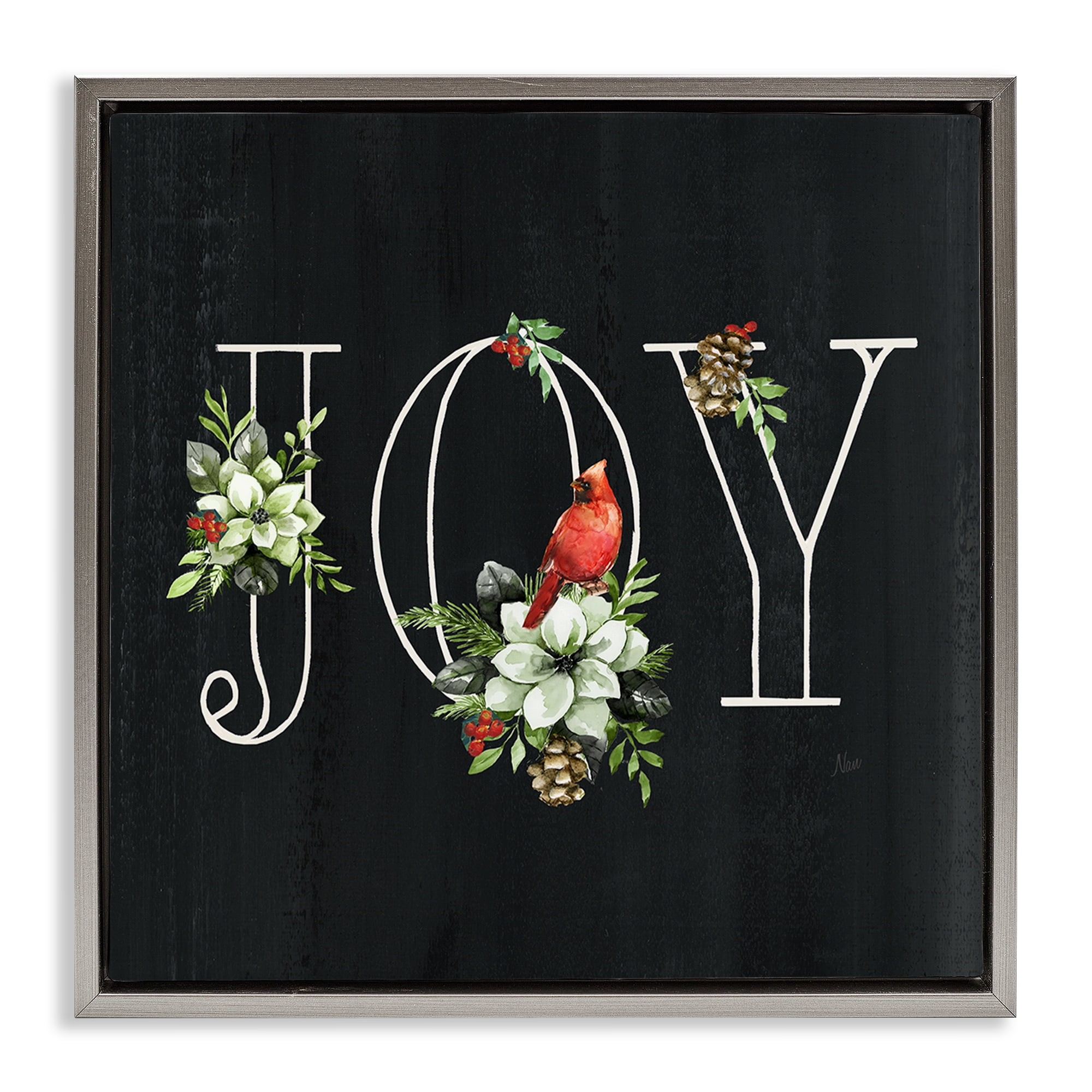 Stupell Industries Joy Letters with Florals Holiday Painting Gray Floater Framed Canvas Art Prints Wall Art, 25 x 25