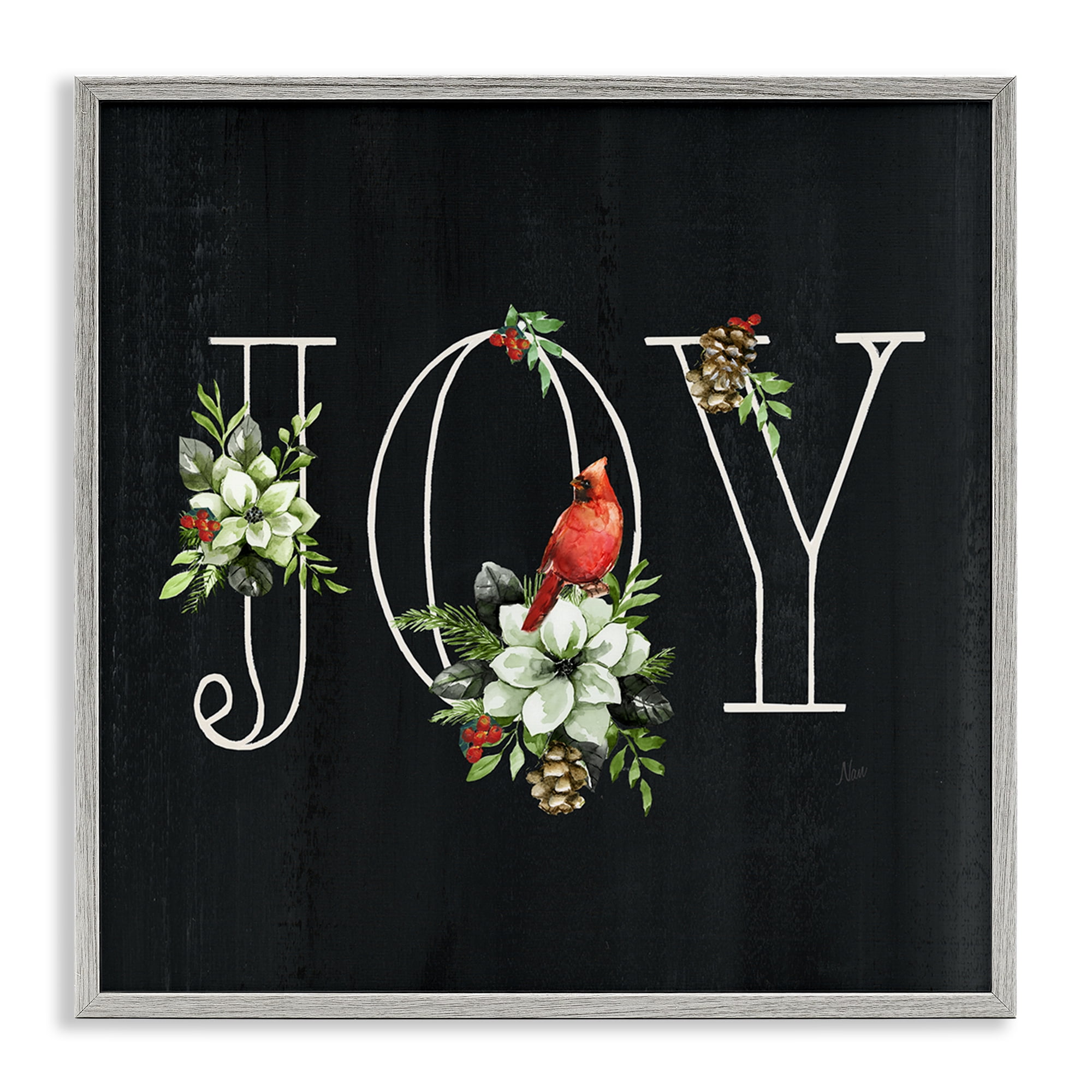 Stupell Industries Joy Letters with Florals Holiday Painting Gray Framed Art Prints Wall Art, 17 x 17
