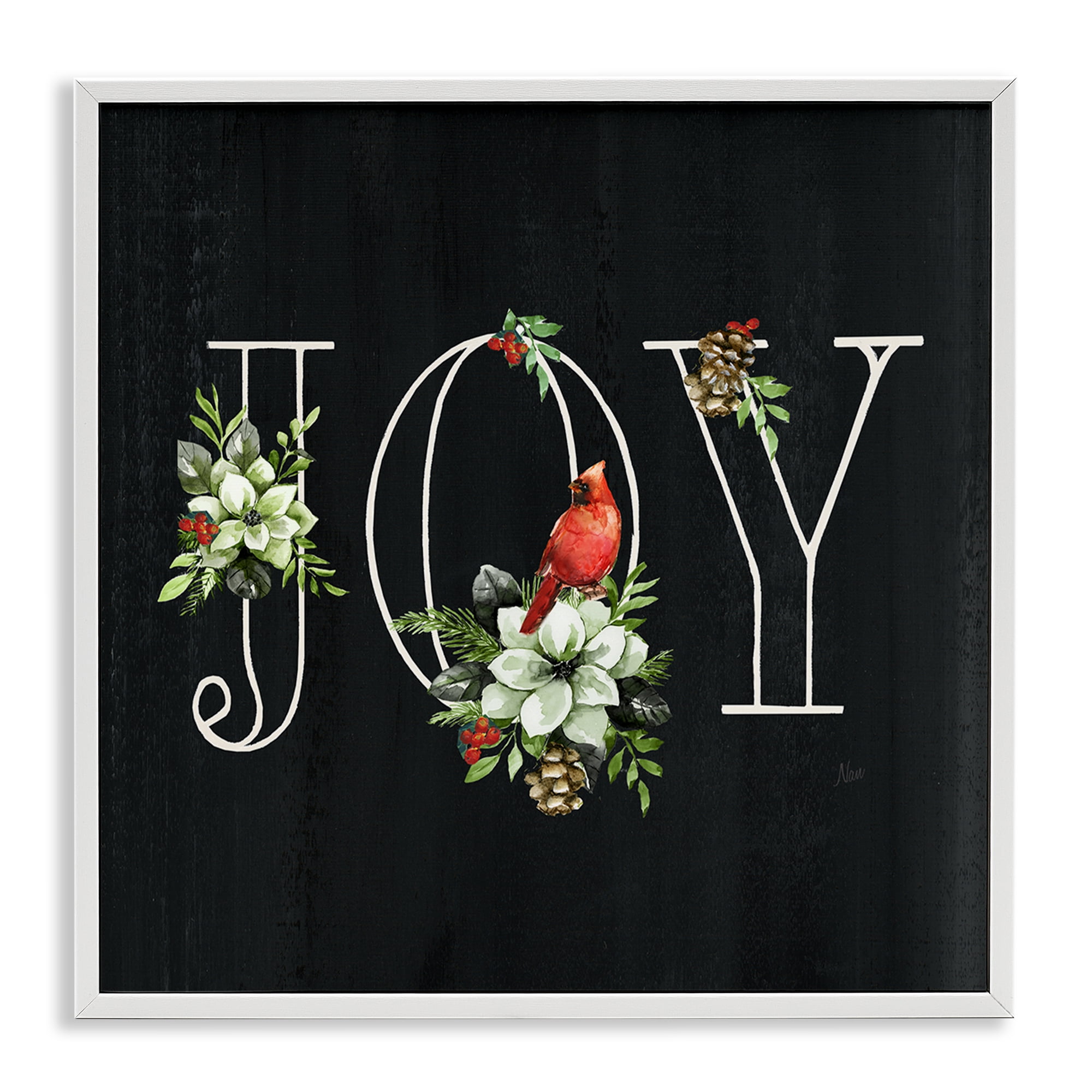 Stupell Industries Joy Letters with Florals Holiday Painting White Framed Art Prints Wall Art, 24 x 24