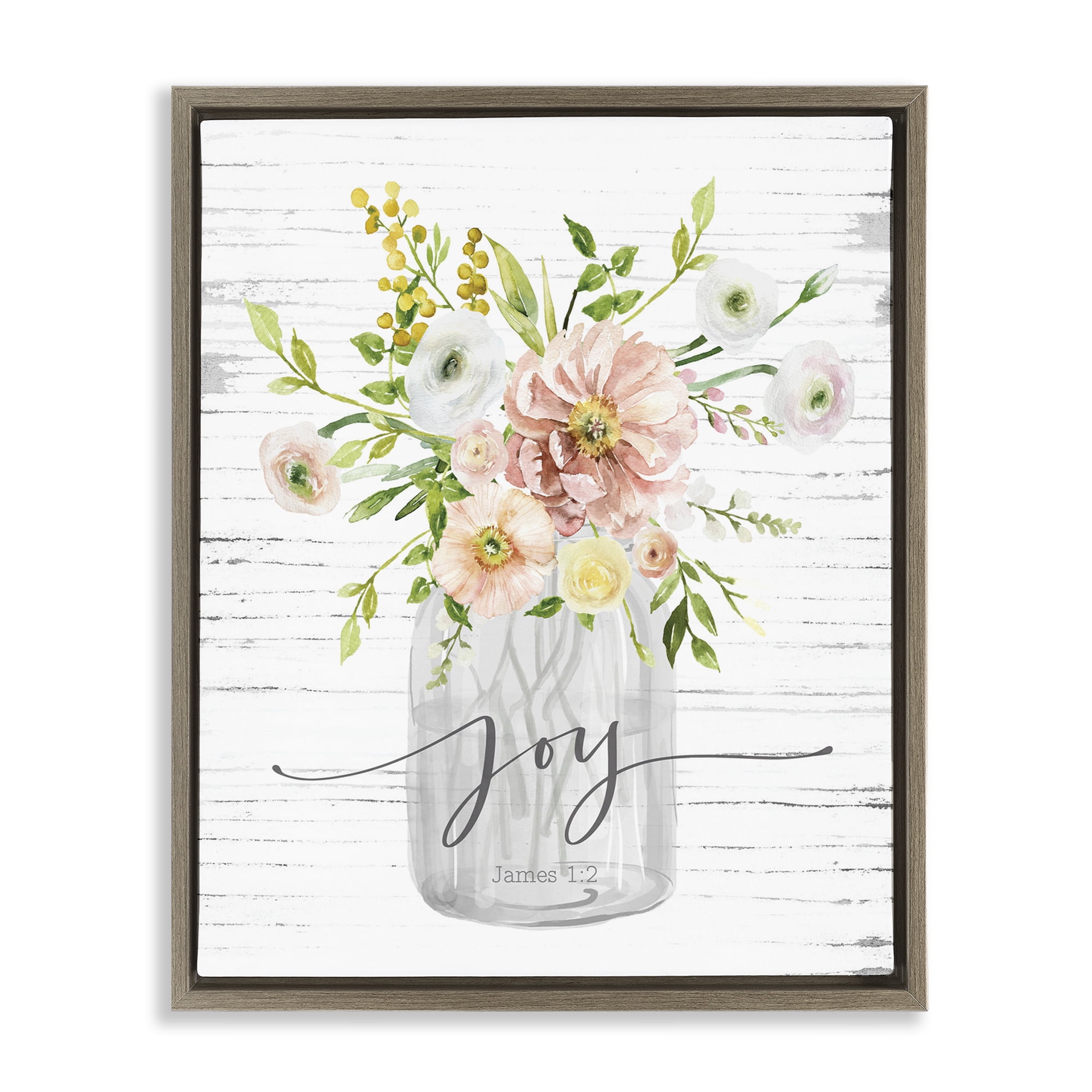 Stupell Industries Joy Mixed Bouquet Religious Painting Brown Floater Framed Canvas Art Print Wall Art, 17 x 21