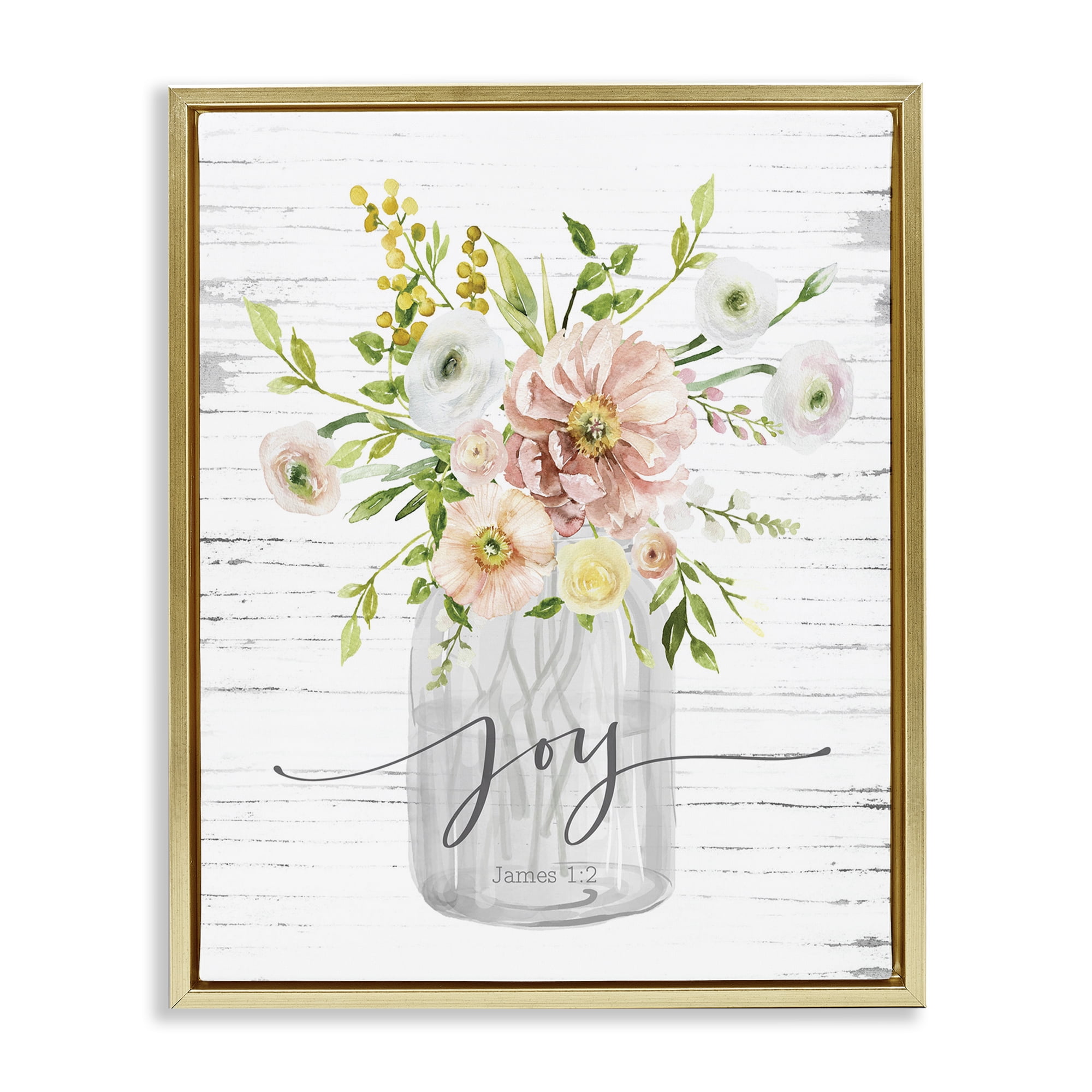 Stupell Industries Joy Mixed Bouquet Religious Painting Gold Floater Framed Canvas Art Print Wall Art, 25 x 31