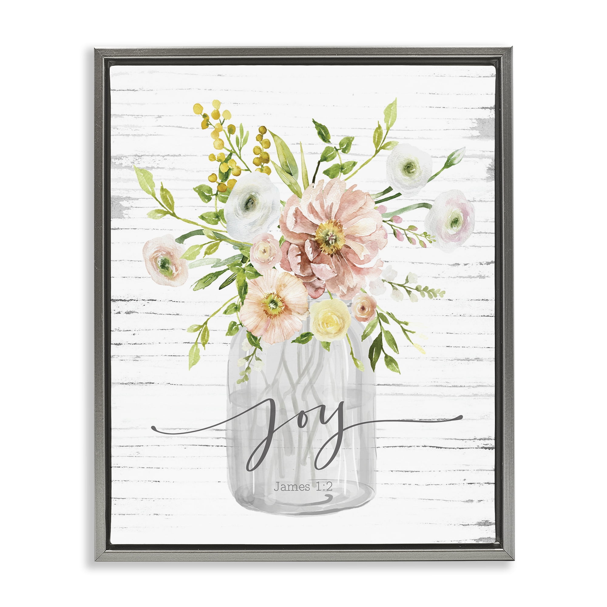 Stupell Industries Joy Mixed Bouquet Religious Painting Gray Floater Framed Canvas Art Print Wall Art, 17 x 21