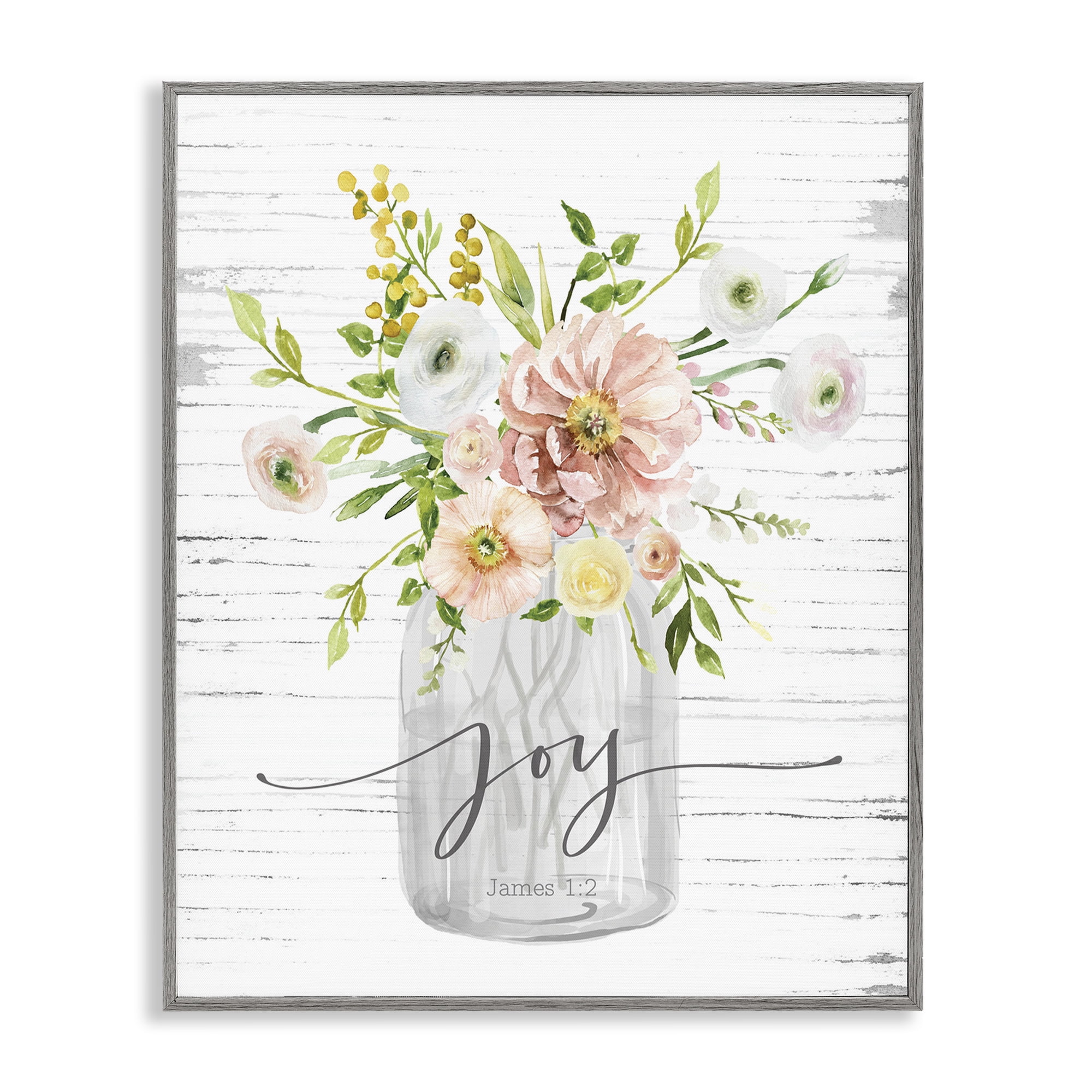 Stupell Industries Joy Mixed Bouquet Religious Painting Gray Framed Art Print Wall Art, 11 x 14