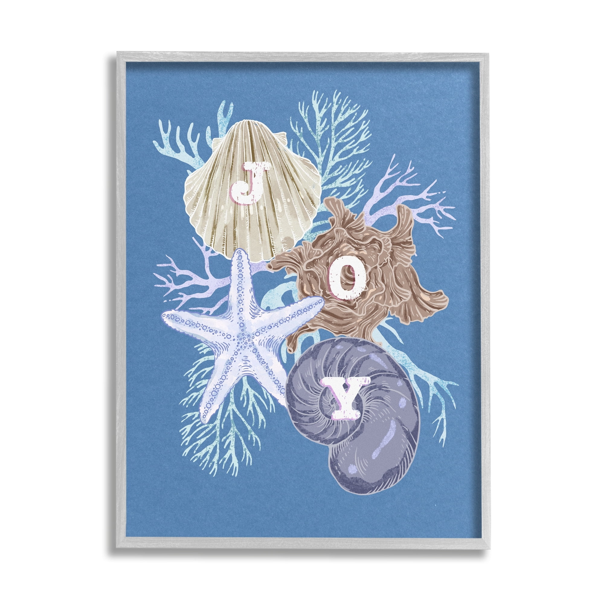 Stupell Industries Joy Nautical Holiday Seashells Holiday Painting Gray Framed Art Print Wall Art