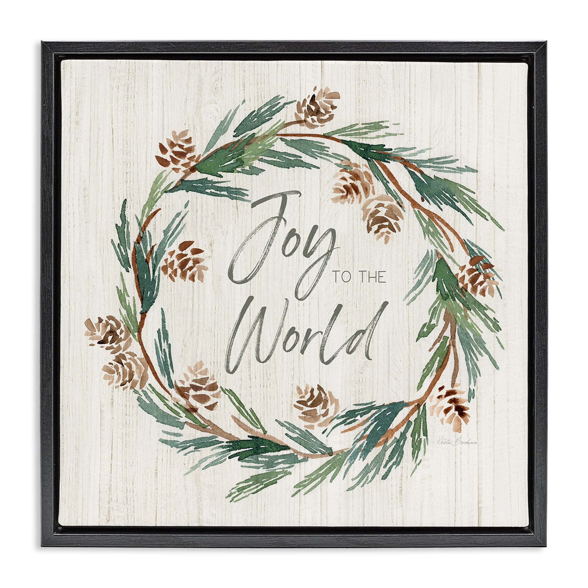 Stupell Industries Joy Pinecone Wreath Holiday Painting Black Floater Framed Canvas Art Prints Wall Art, 18 x 18